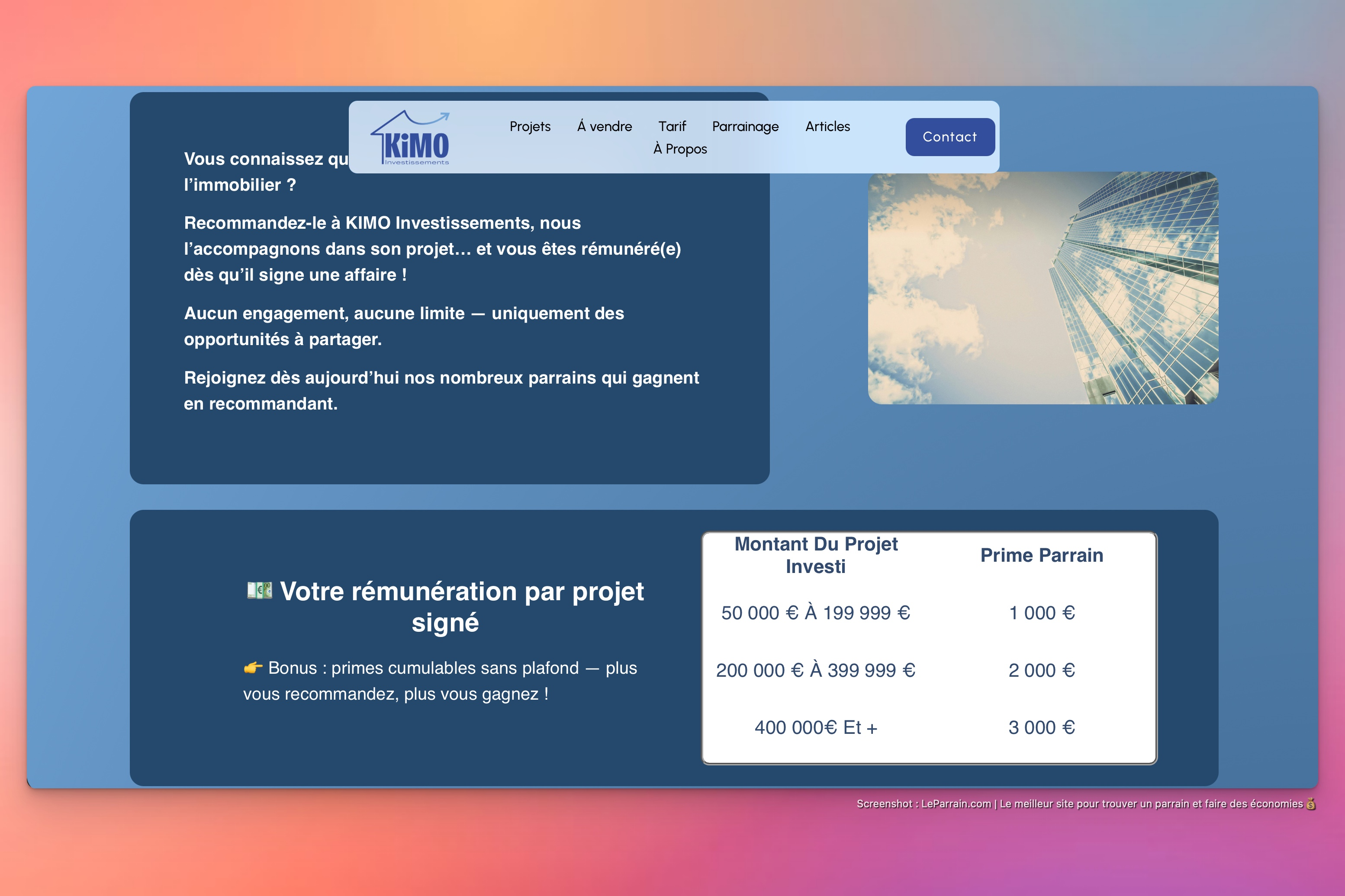 Capture d'écran 1 du programme de parrainage Kimo Investissements