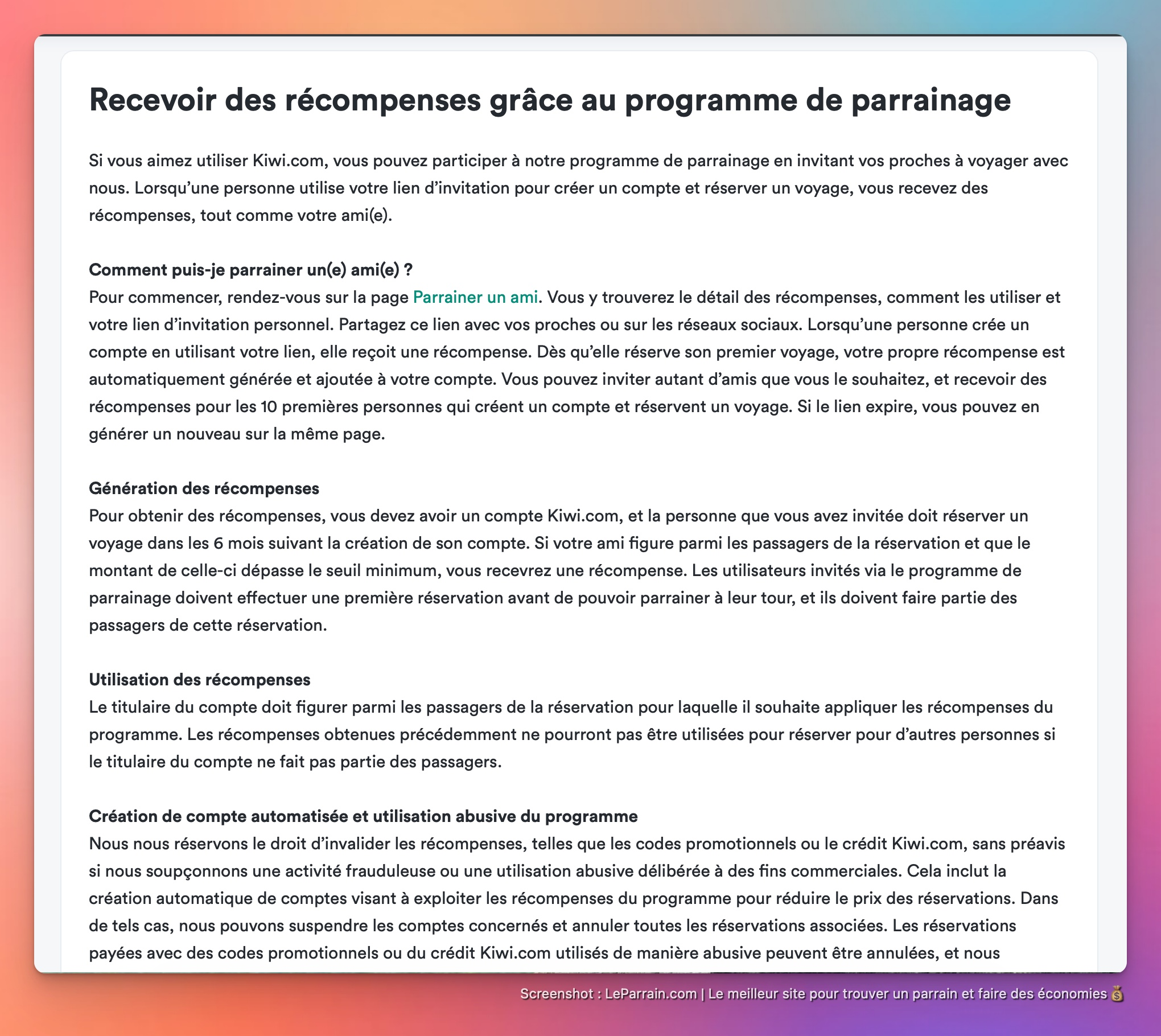 Capture d'écran 1 du programme de parrainage Kiwi