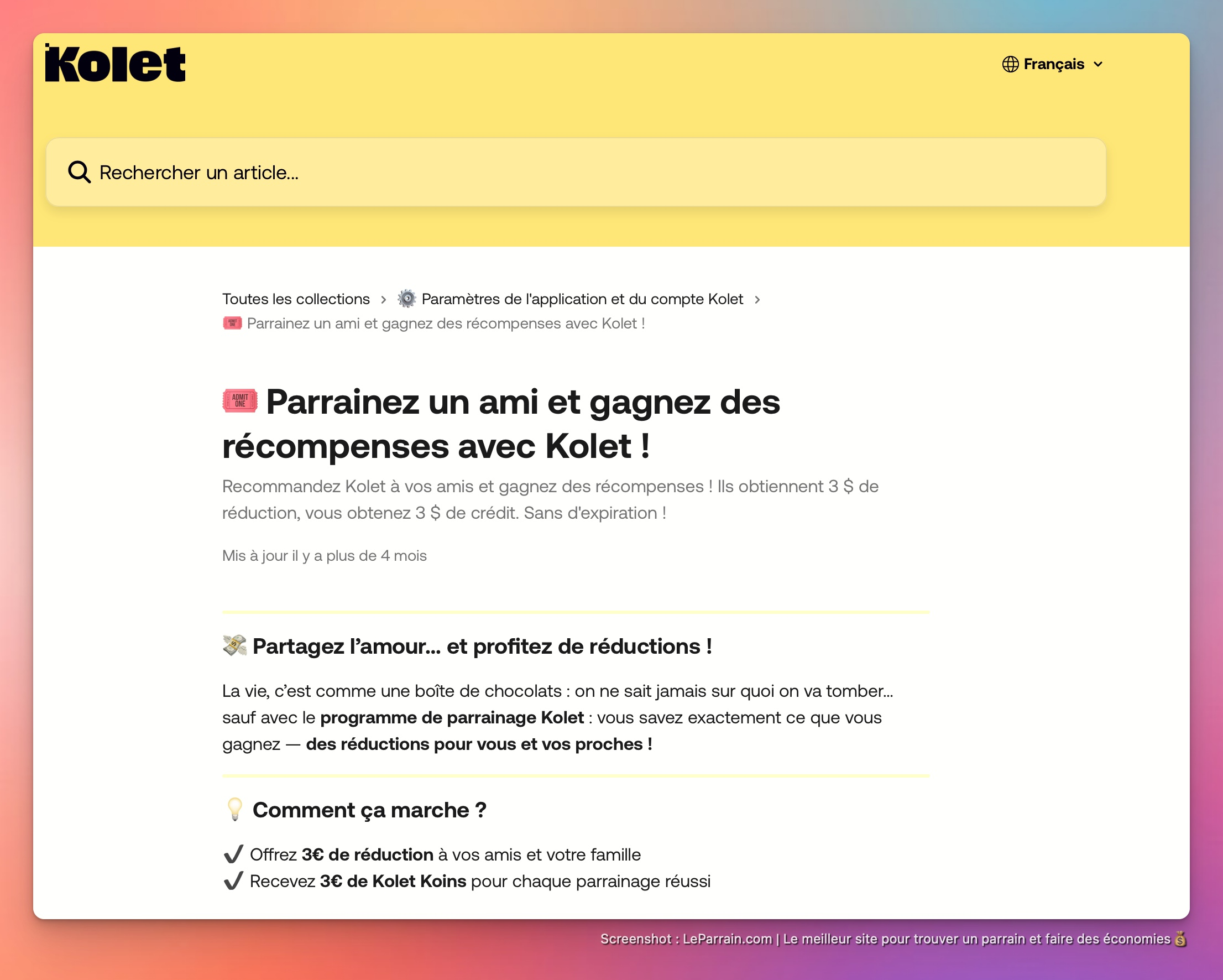Capture d'écran 1 du programme de parrainage Kolet