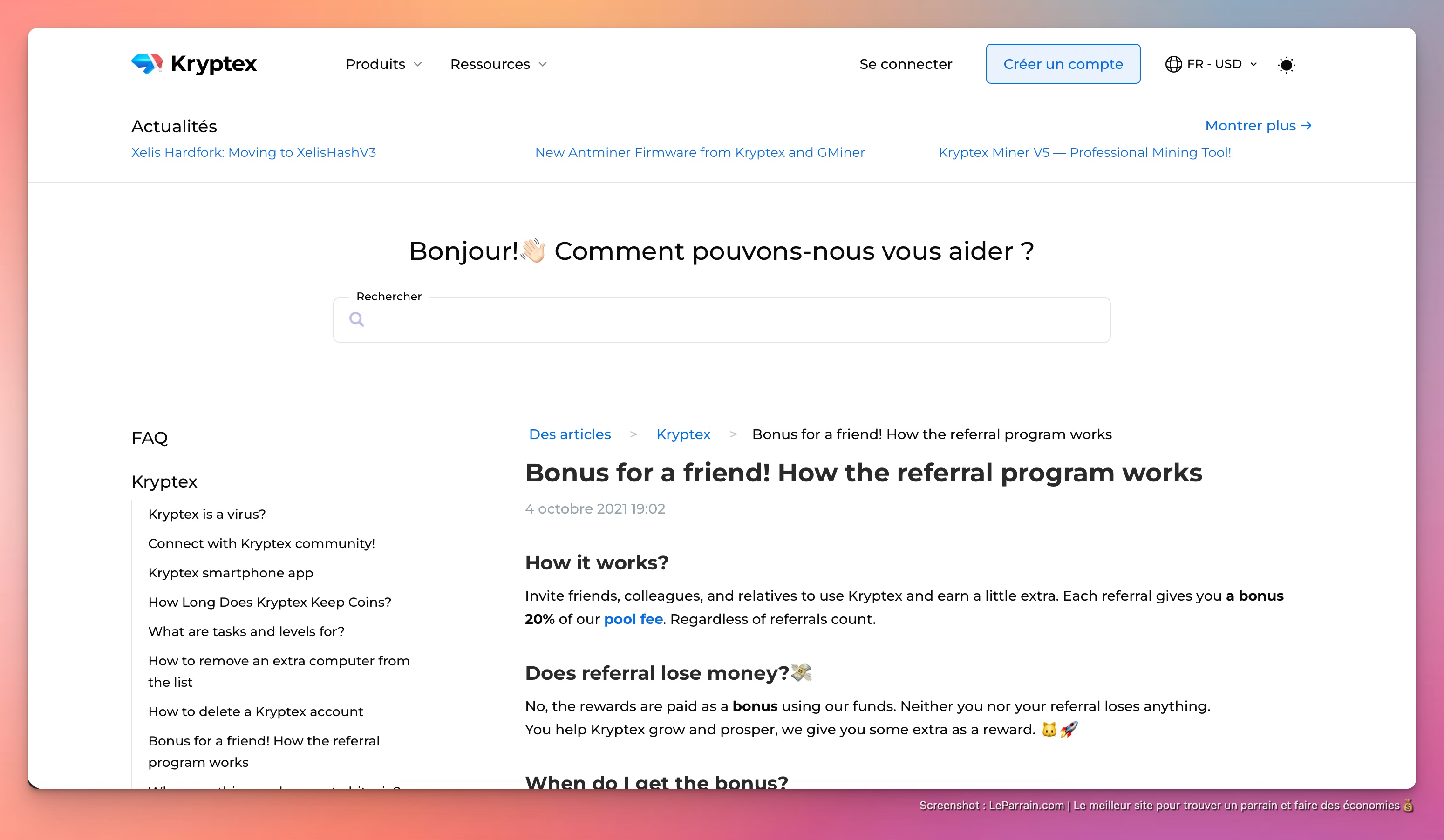 Capture d'écran 1 du programme de parrainage Kryptex