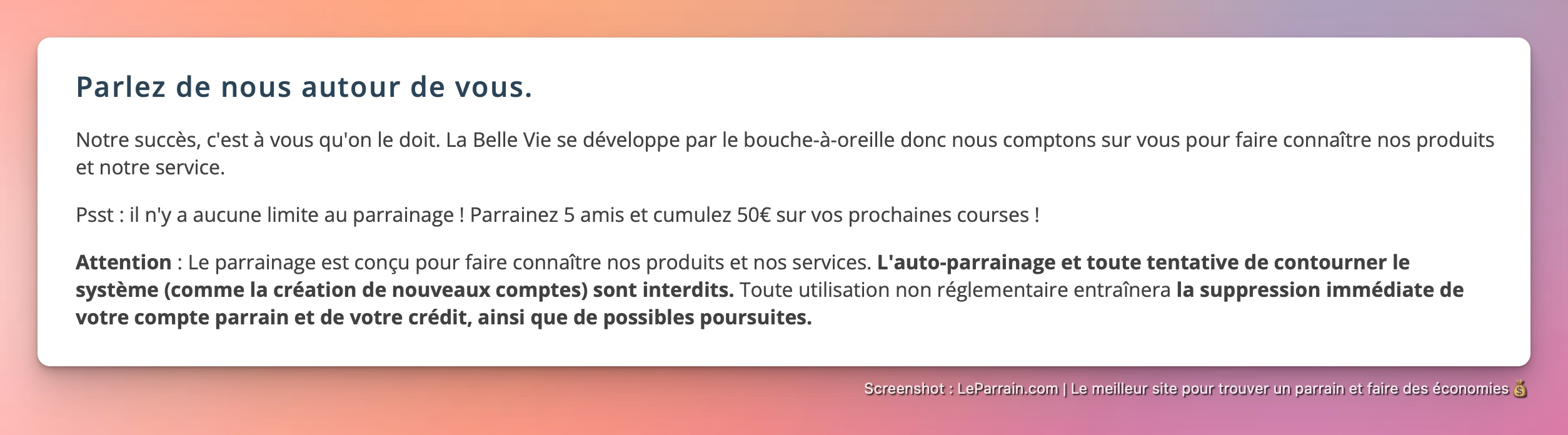 Capture d'écran 2 du programme de parrainage La Belle Vie