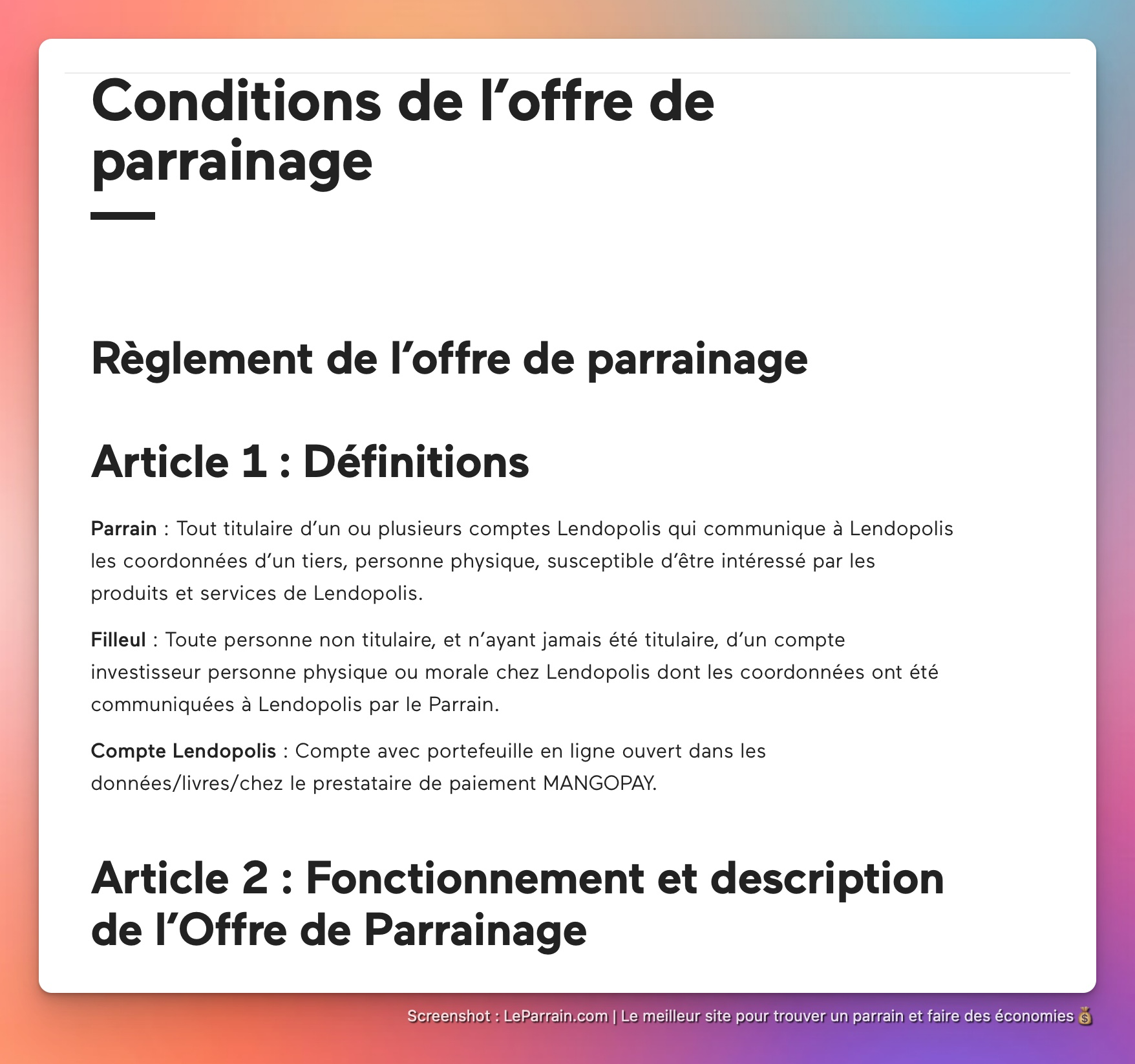 Capture d'écran 1 du programme de parrainage Lendopolis