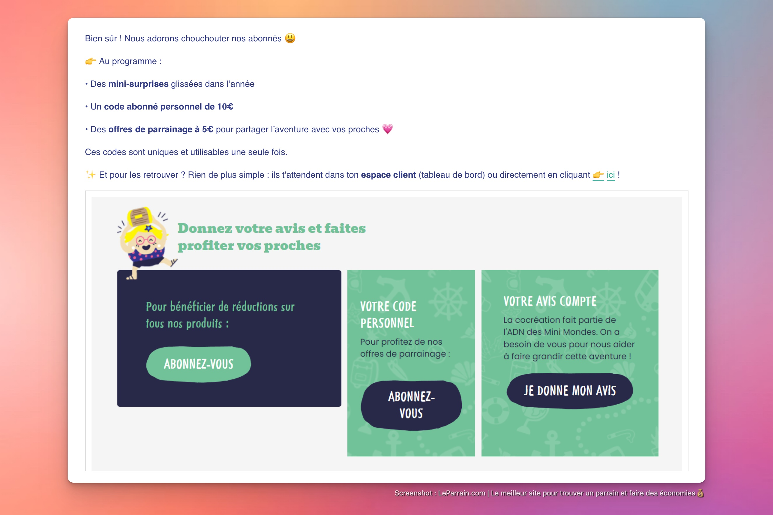 Capture d'écran 1 du programme de parrainage Les Mini Mondes