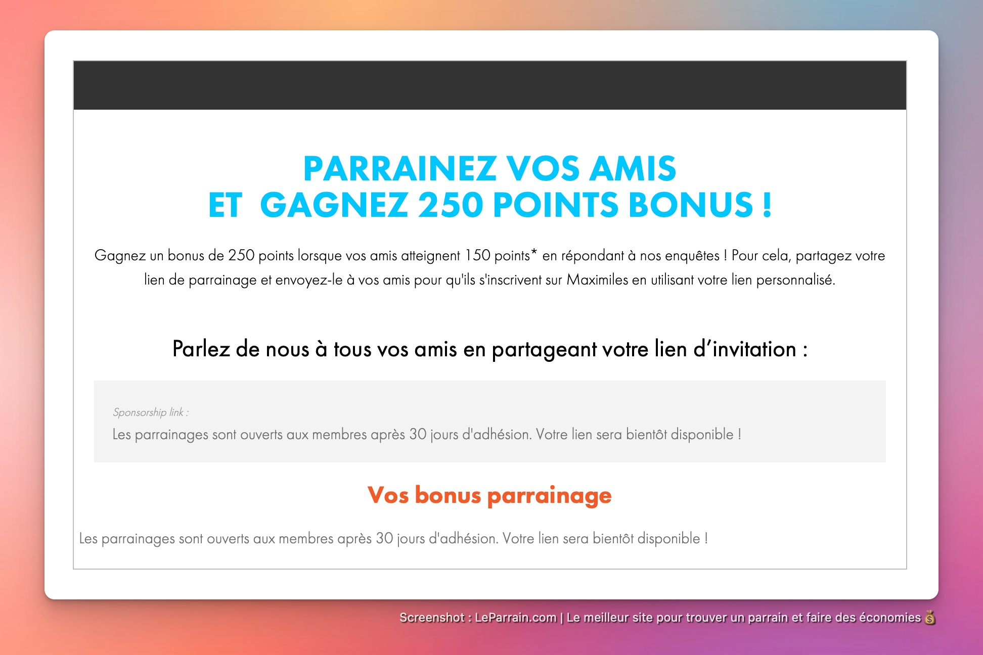 Capture d'écran 1 du programme de parrainage Maximiles