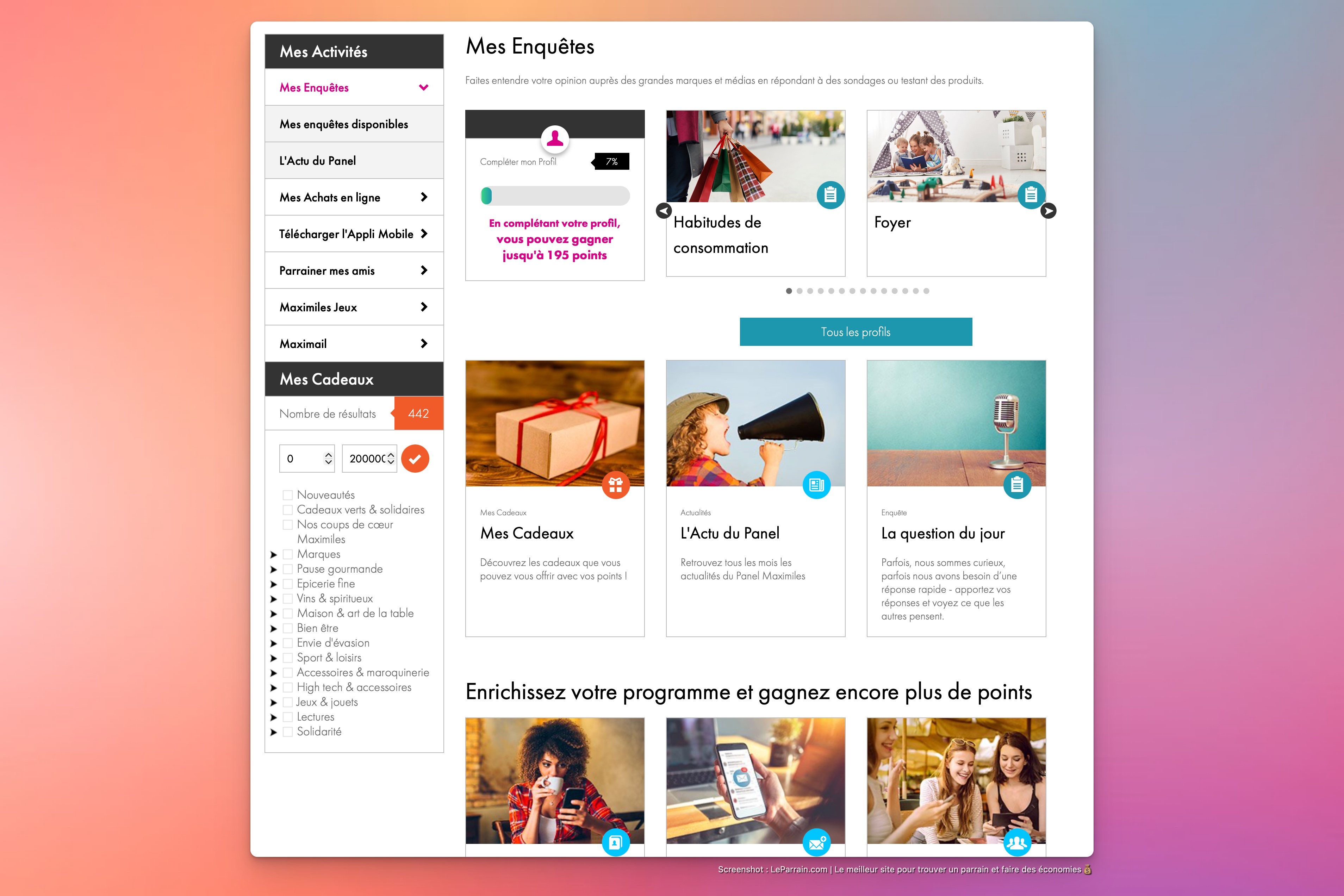 Capture d'écran 3 du programme de parrainage Maximiles