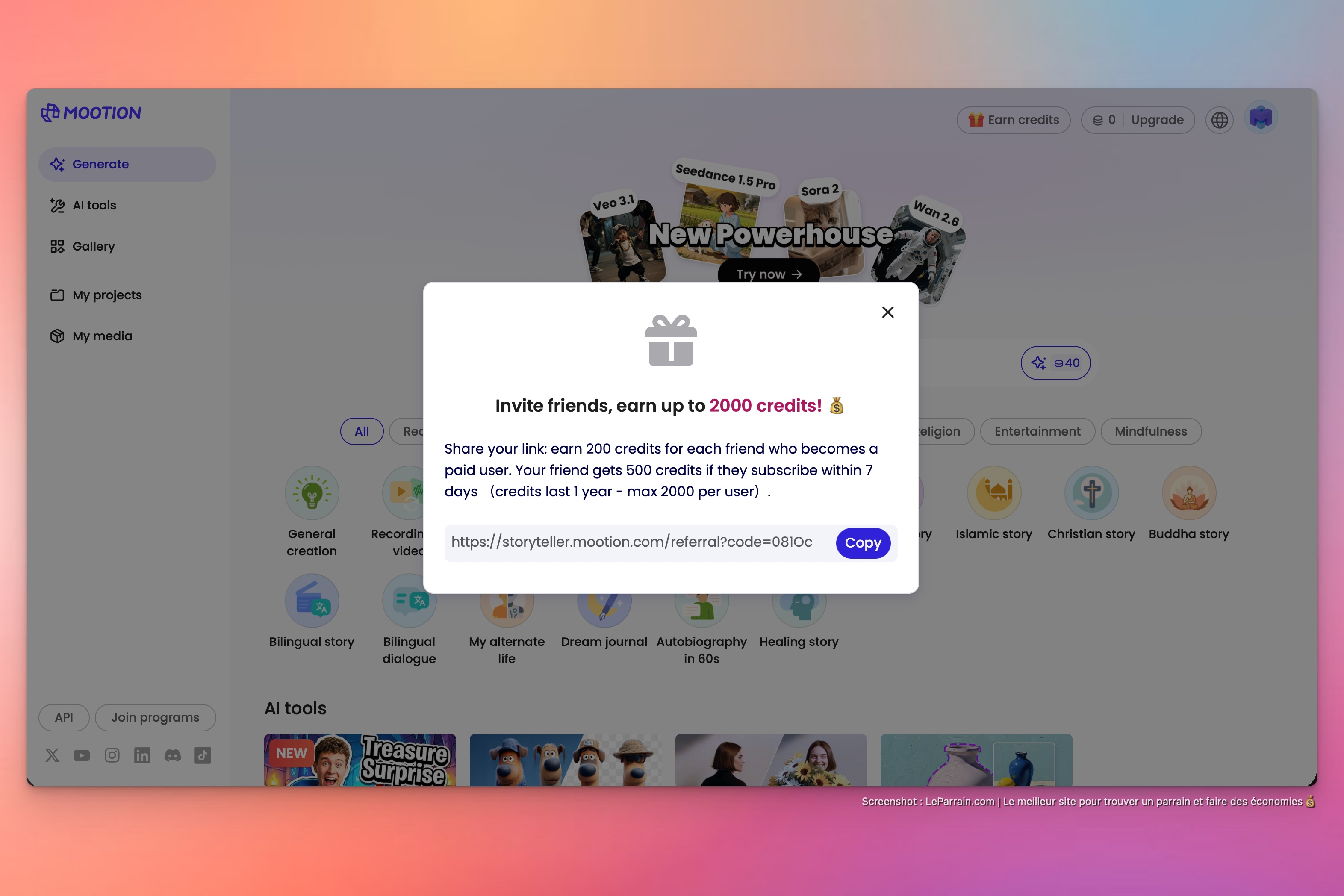 Capture d'écran 1 du programme de parrainage Mootion
