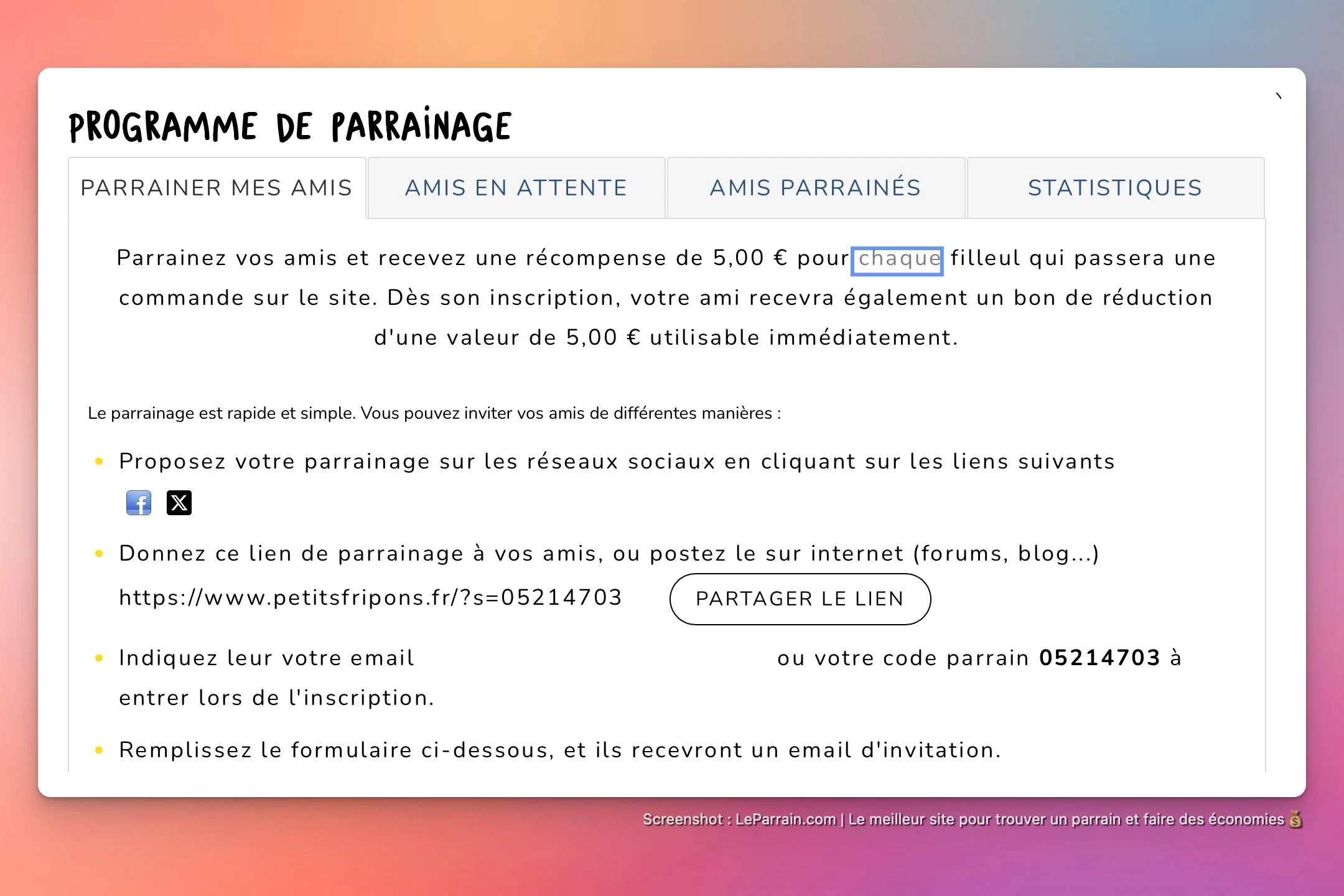 Capture d'écran 2 du programme de parrainage Petits Fripons