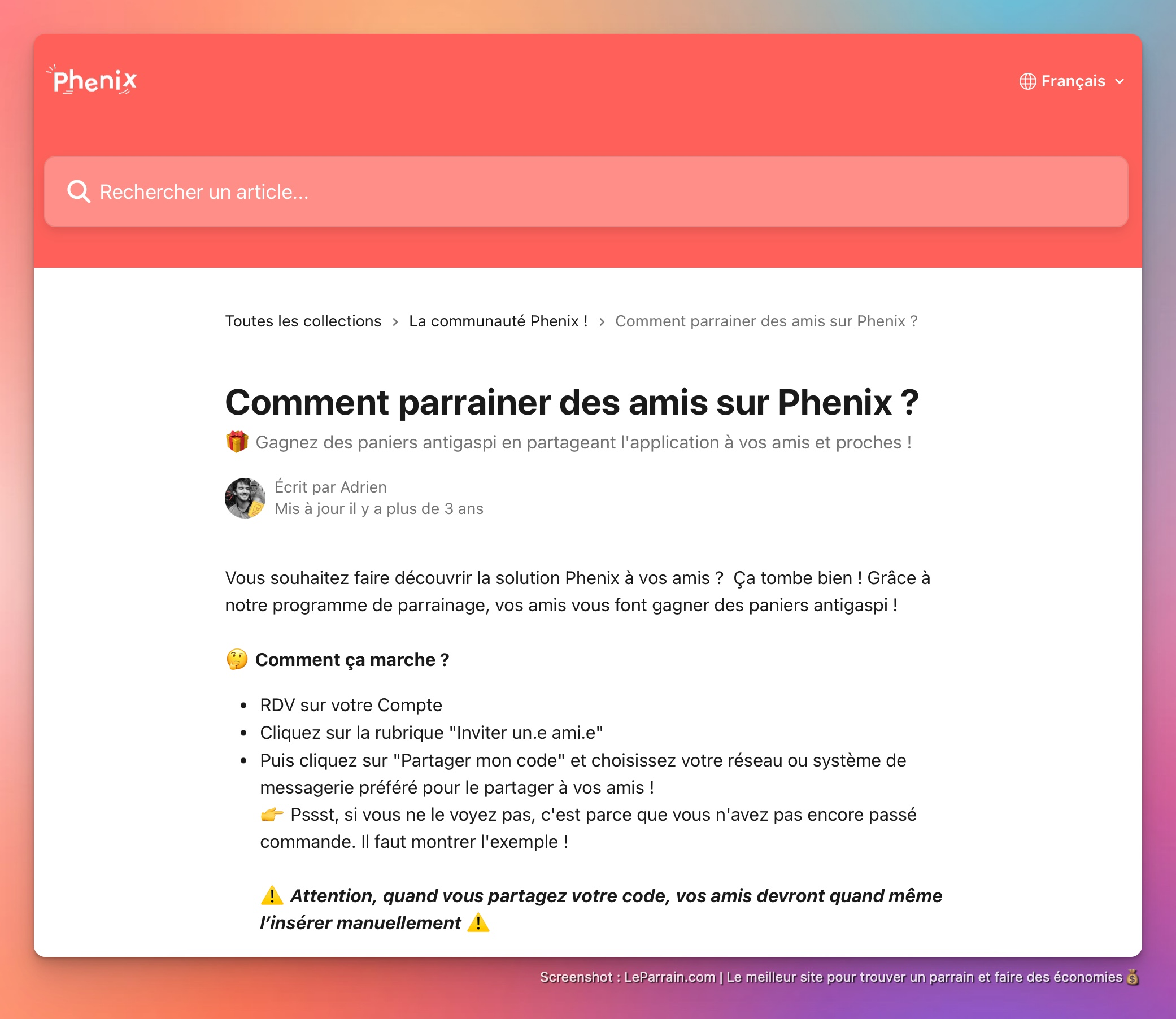 Capture d'écran 1 du programme de parrainage Phenix