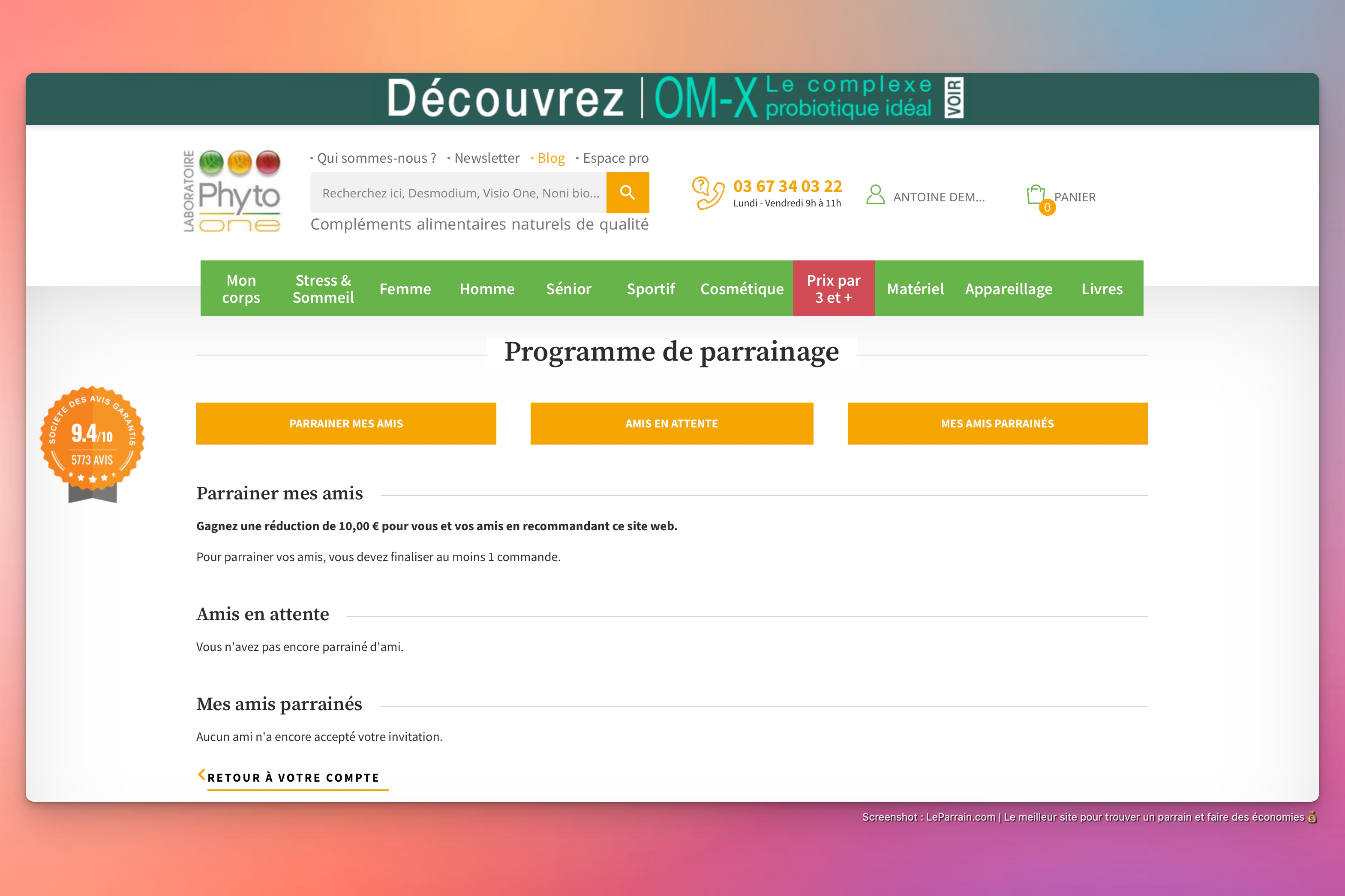Capture d'écran 1 du programme de parrainage Phyto One