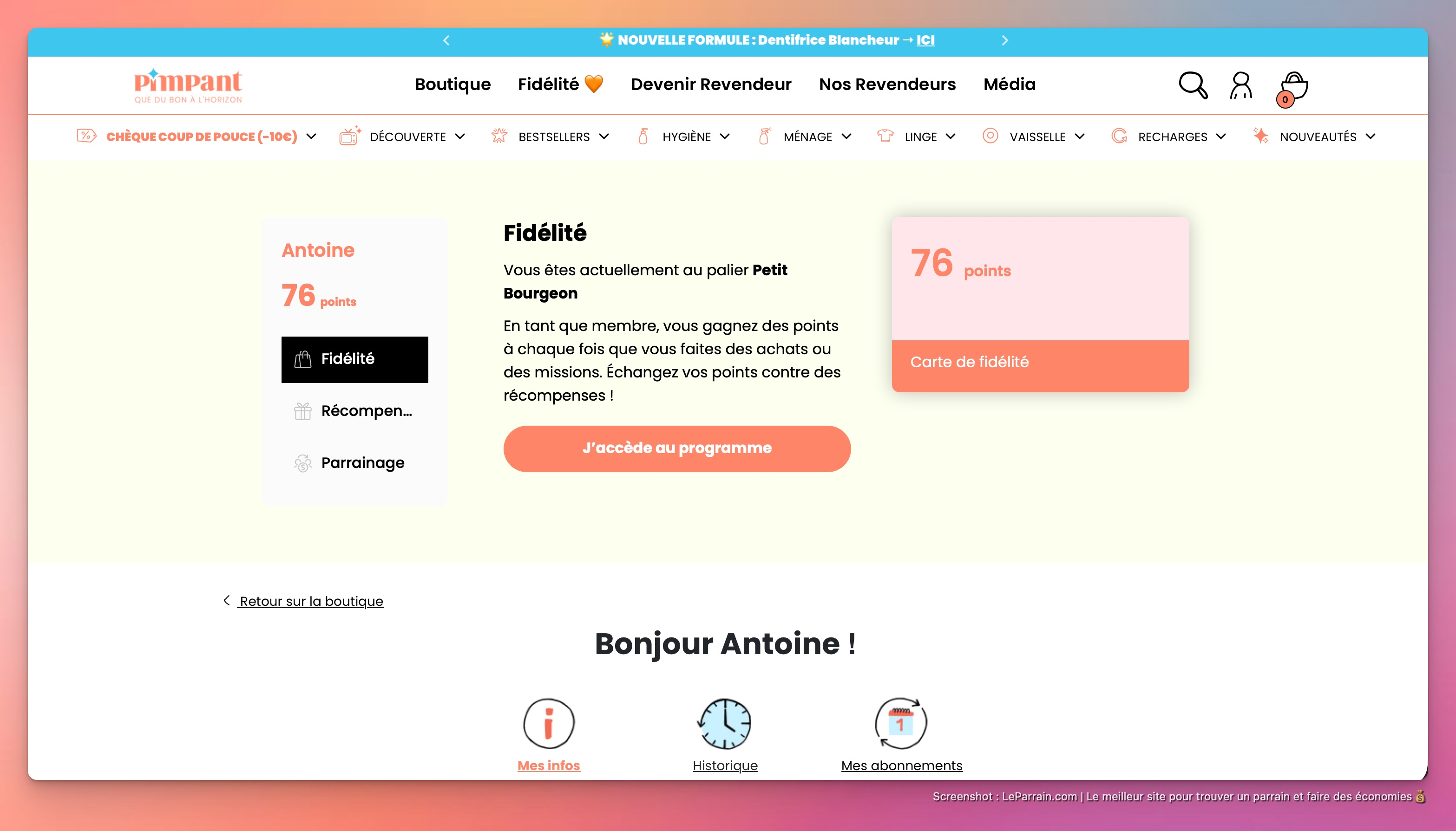 Capture d'écran 5 du programme de parrainage Pimpant