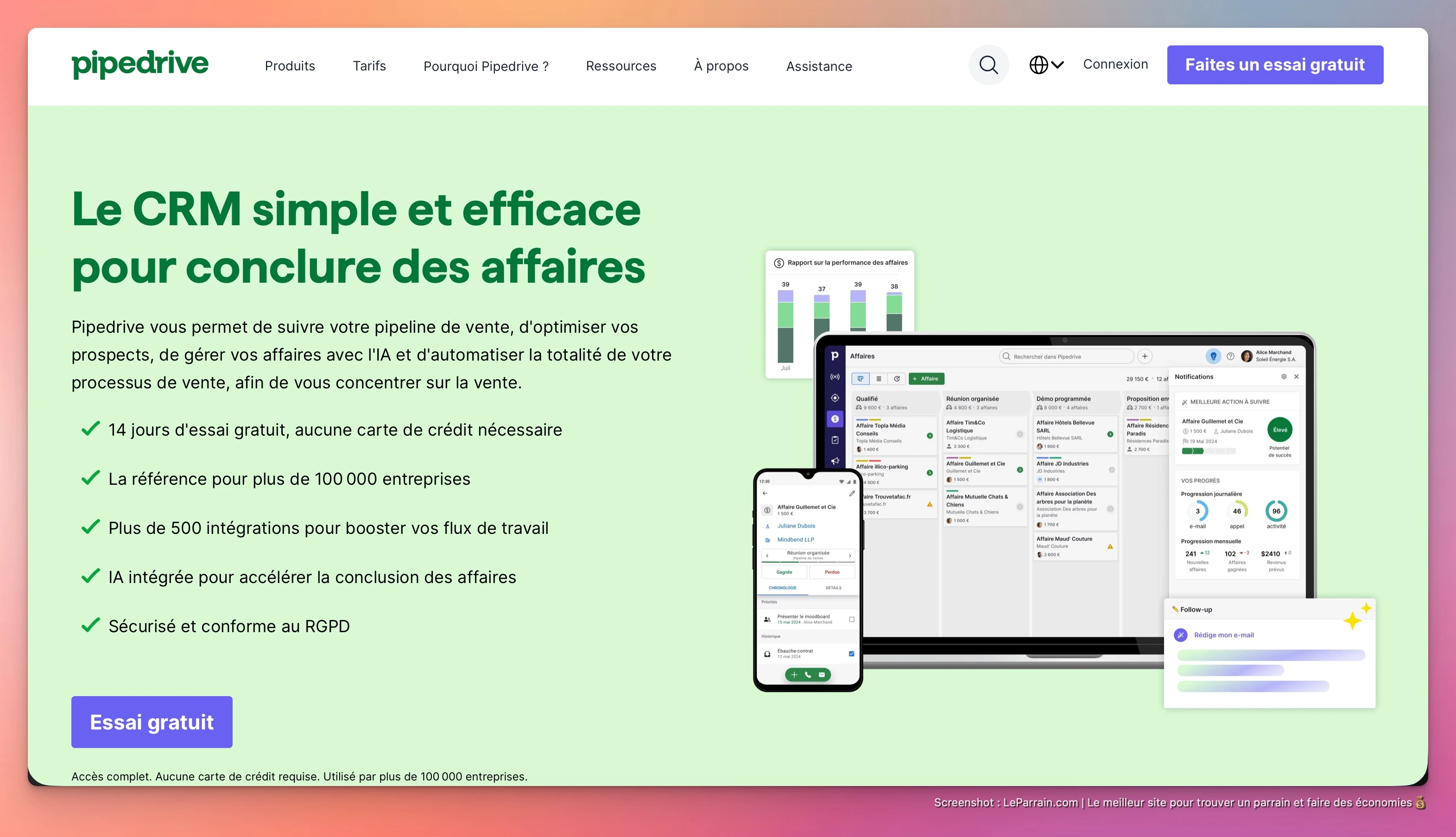 Capture d'écran 1 du programme de parrainage Pipedrive