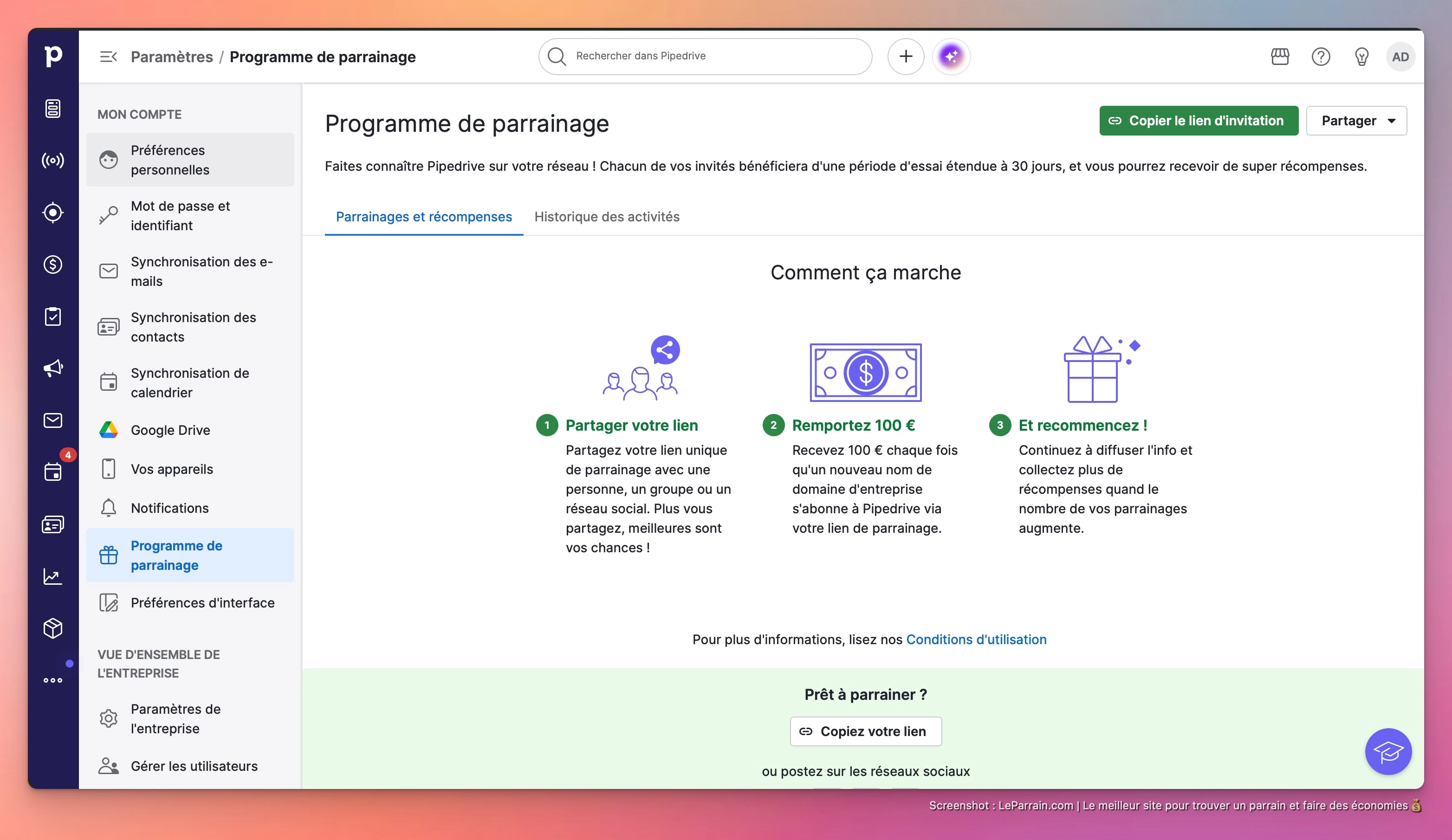 Capture d'écran 2 du programme de parrainage Pipedrive