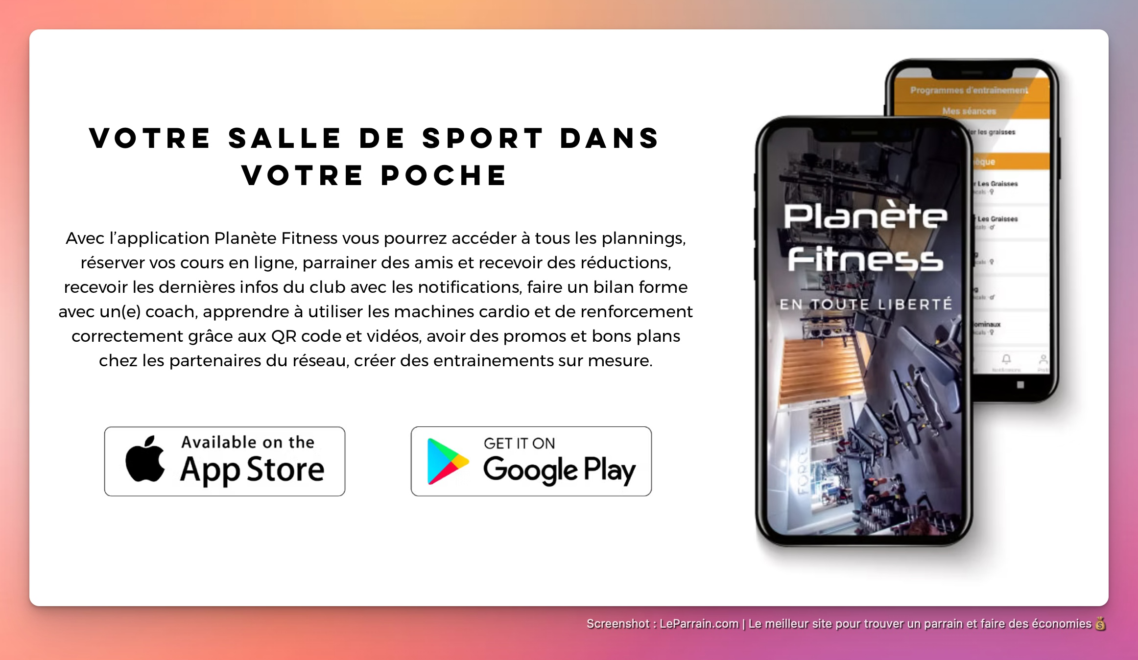 Capture d'écran 1 du programme de parrainage Planète Fitnesse