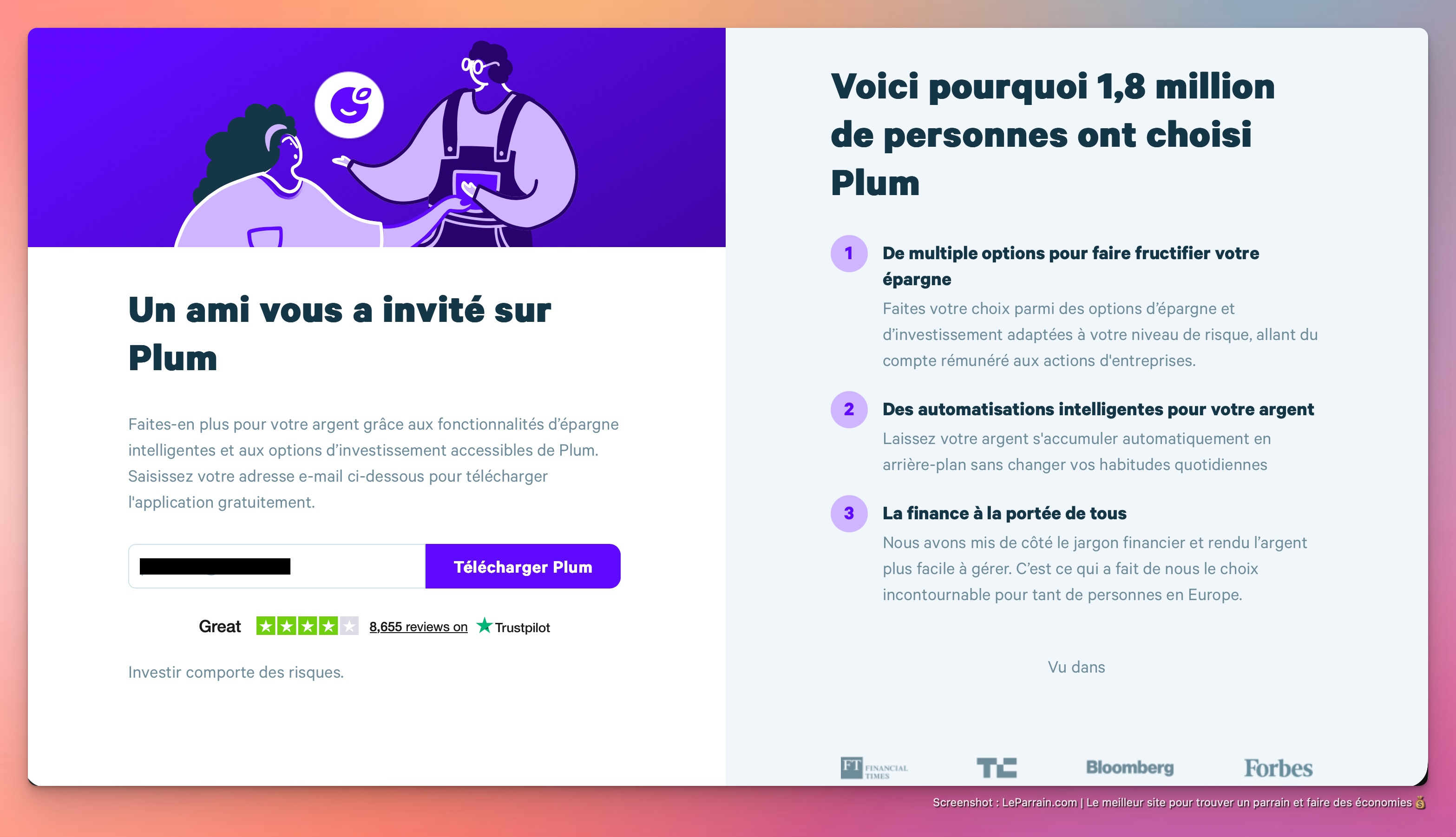 Capture d'écran 1 du programme de parrainage Plum