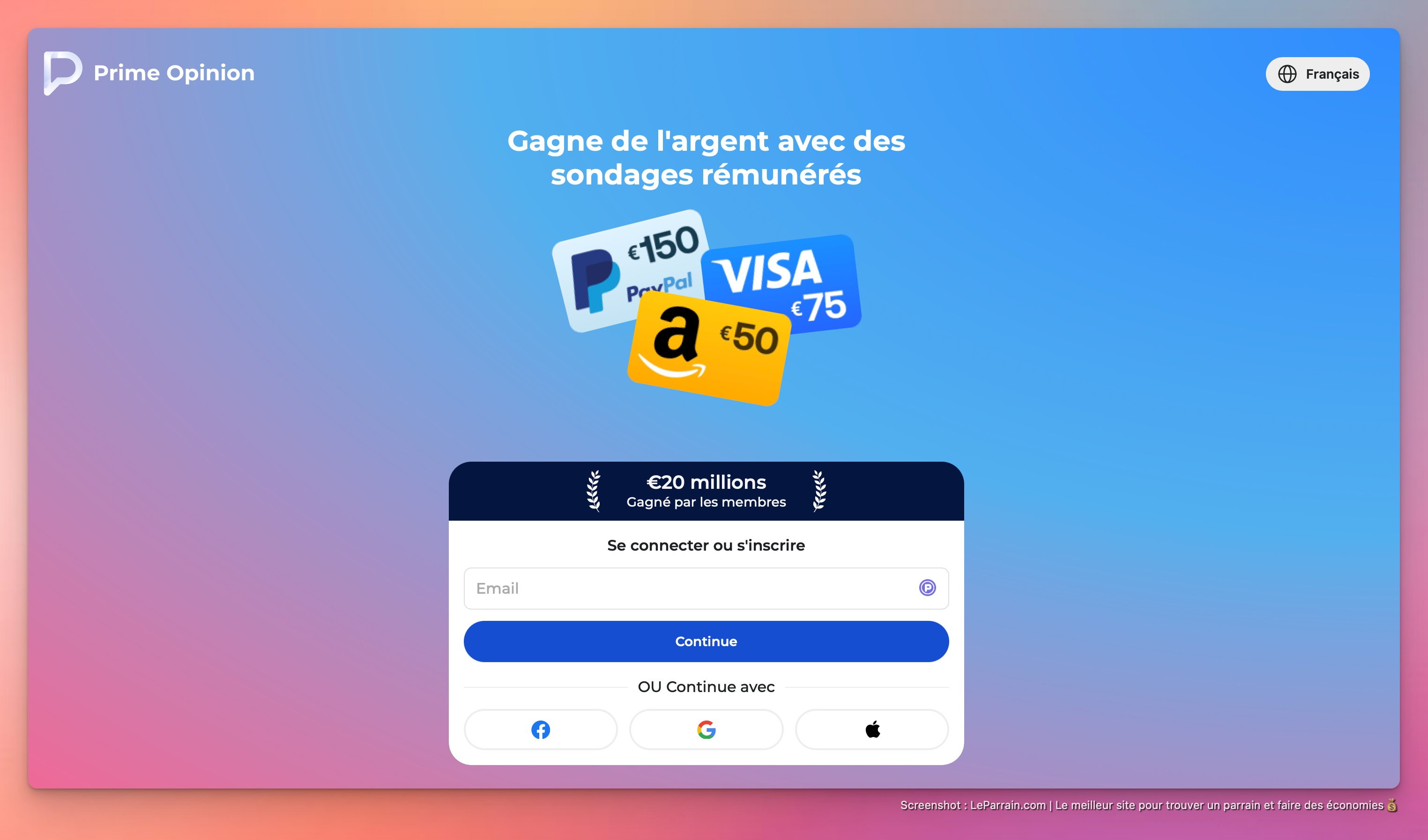 Capture d'écran 1 du programme de parrainage Prime Opinion