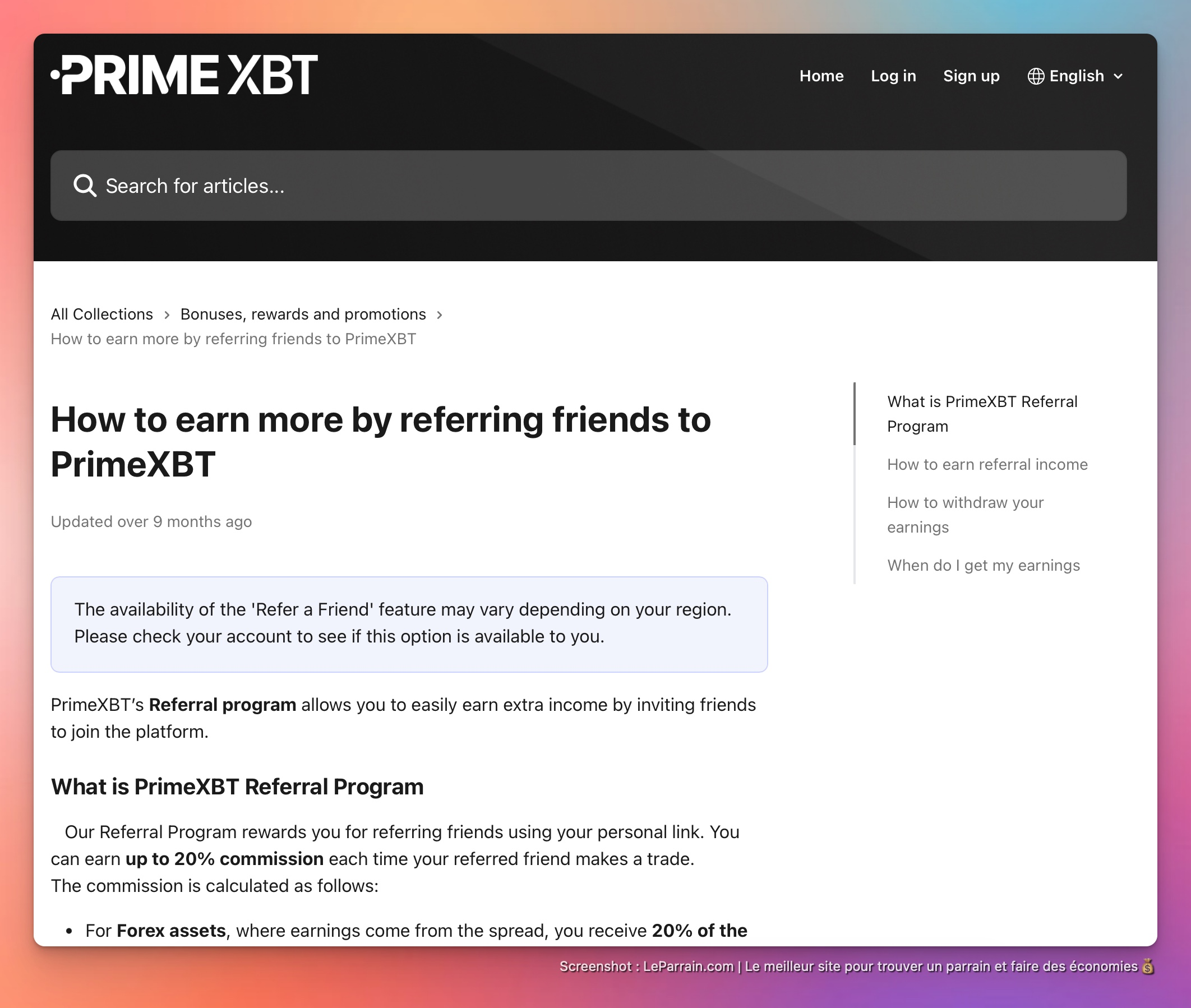 Capture d'écran 1 du programme de parrainage Prime XBT