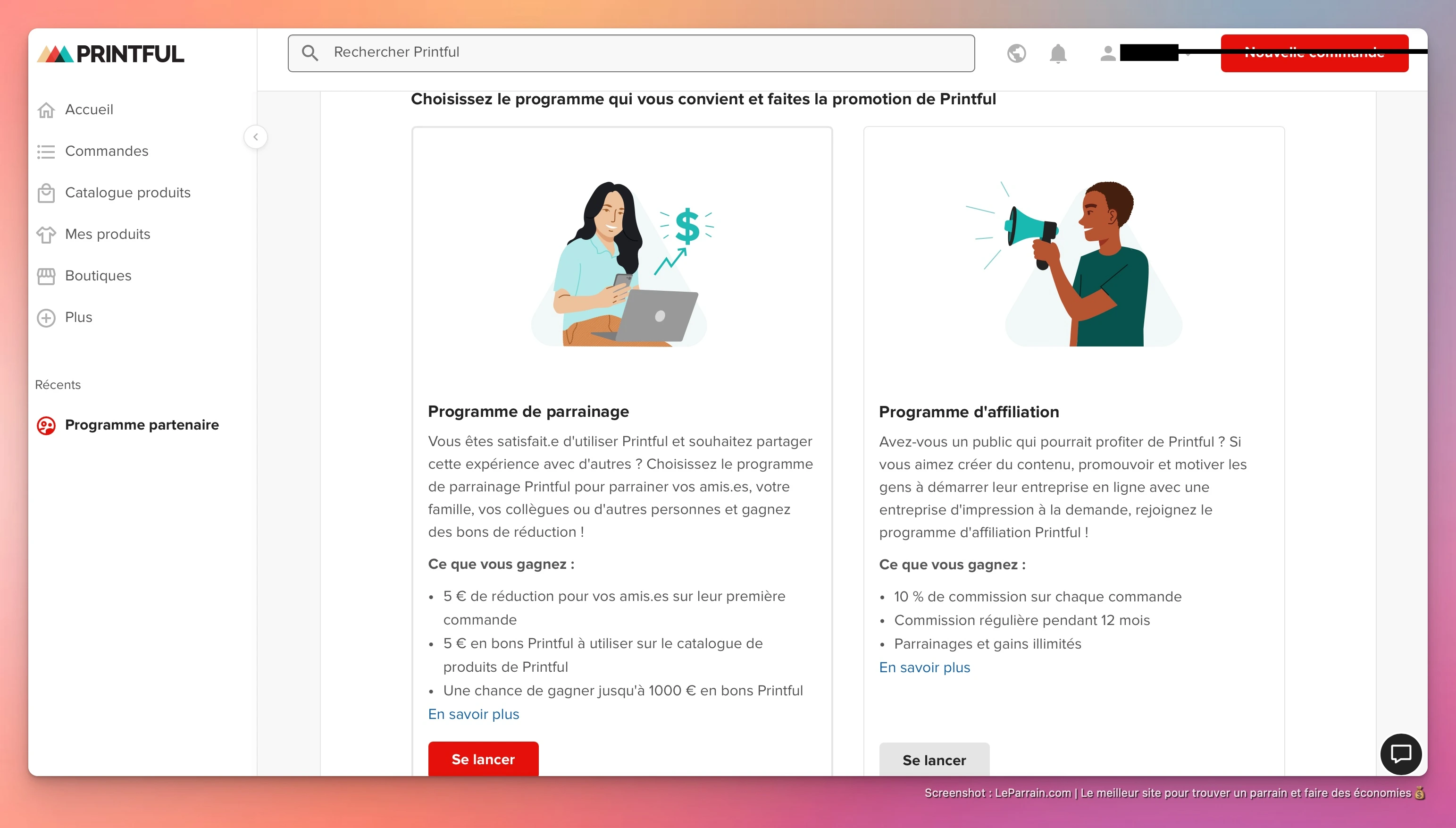 Capture d'écran 3 du programme de parrainage Printful