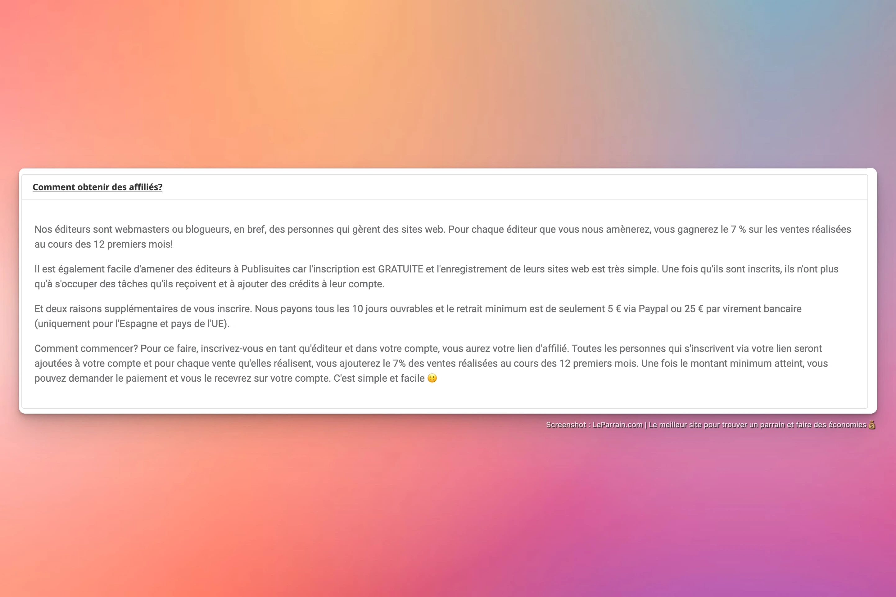 Capture d'écran 5 du programme de parrainage Publisuites - éditeur