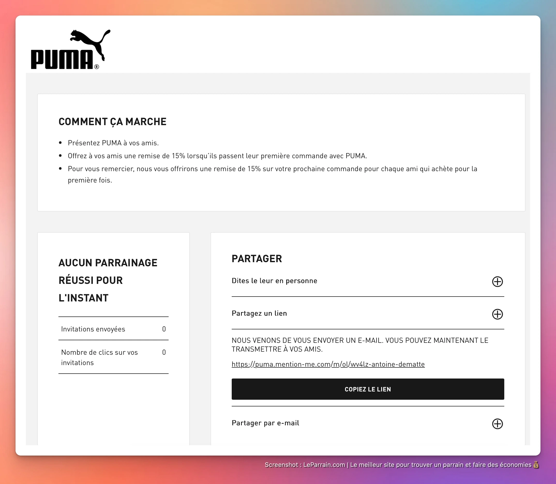 Capture d'écran 3 du programme de parrainage Puma