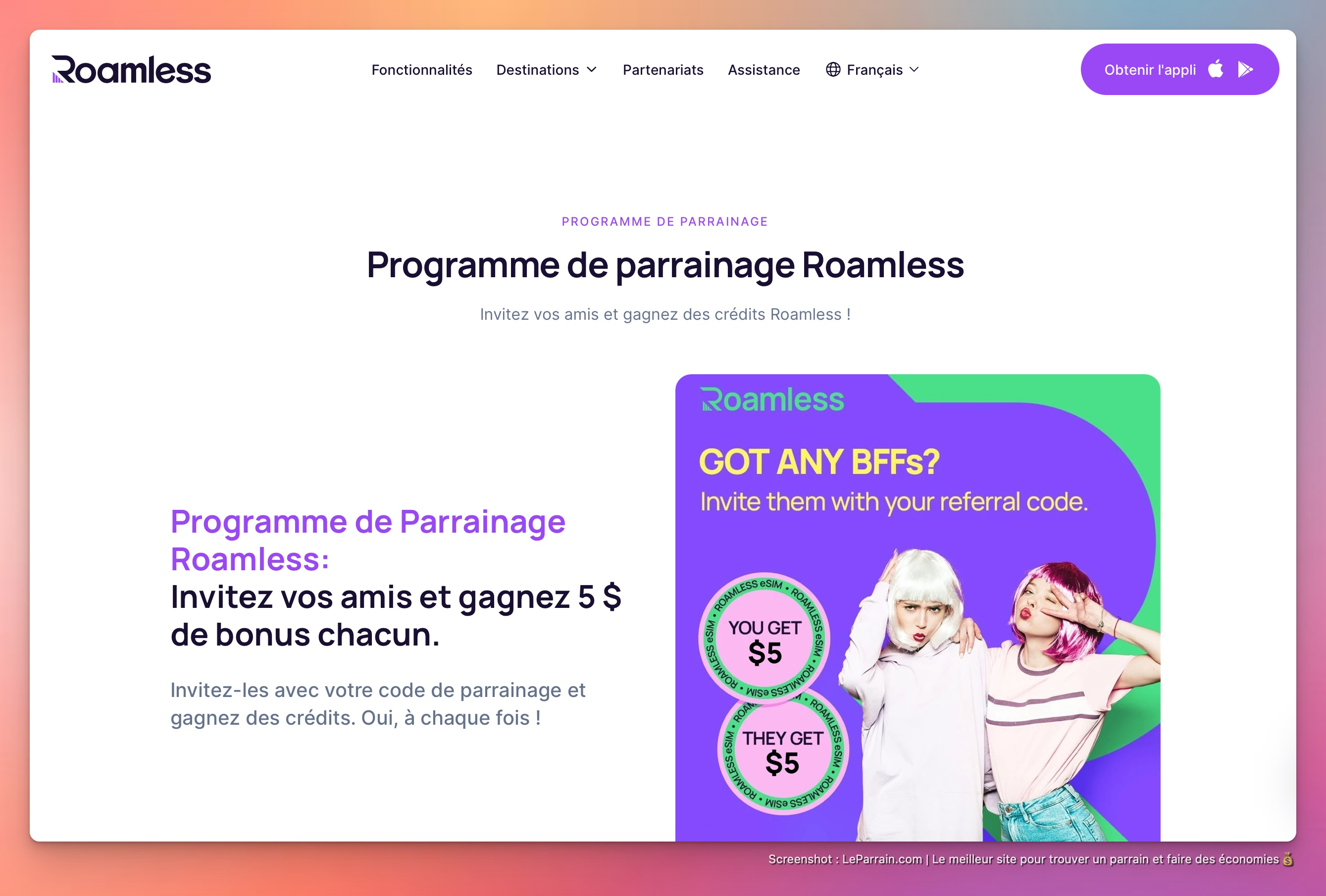 Capture d'écran 1 du programme de parrainage Roamless
