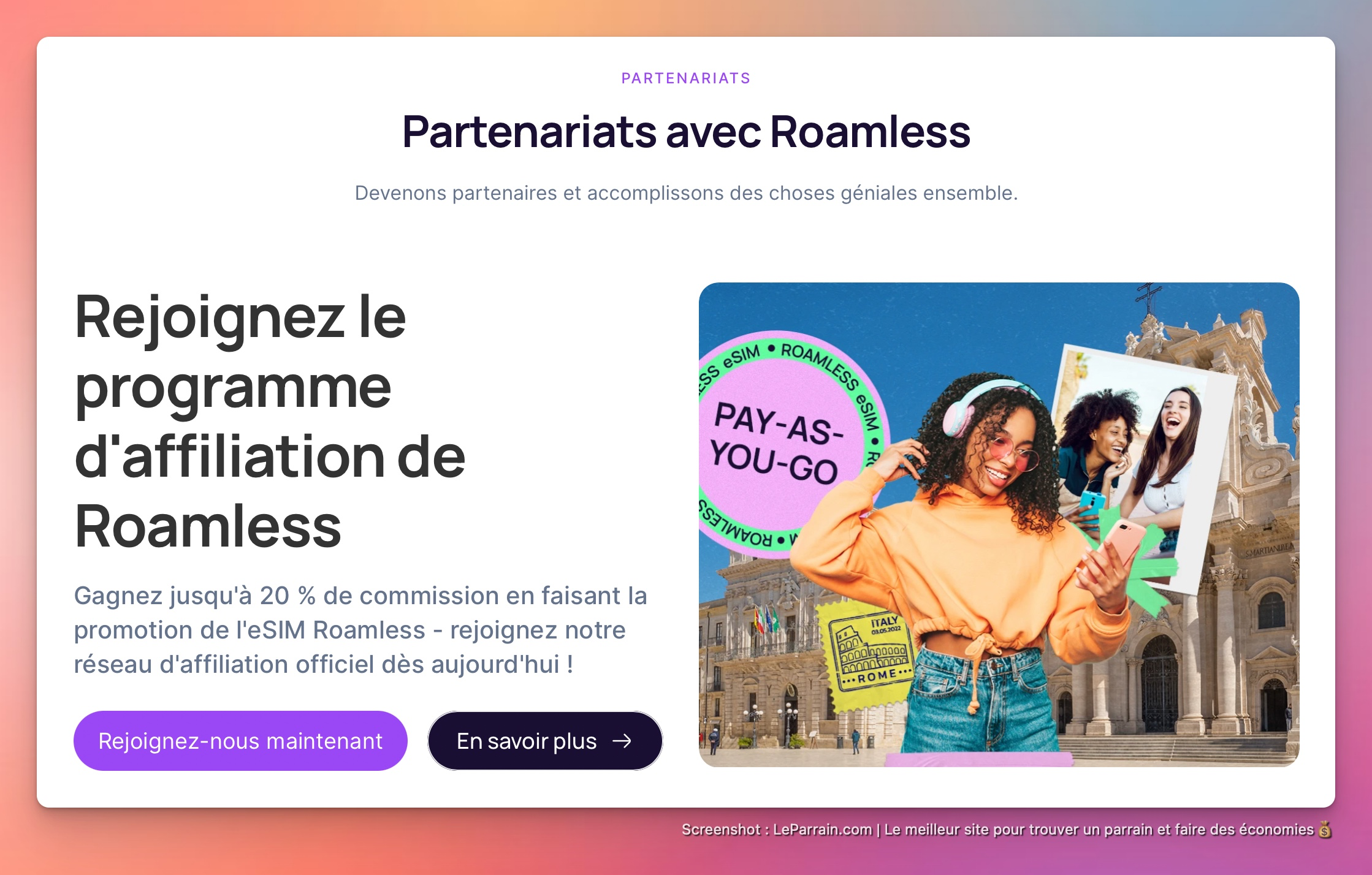 Capture d'écran 4 du programme de parrainage Roamless