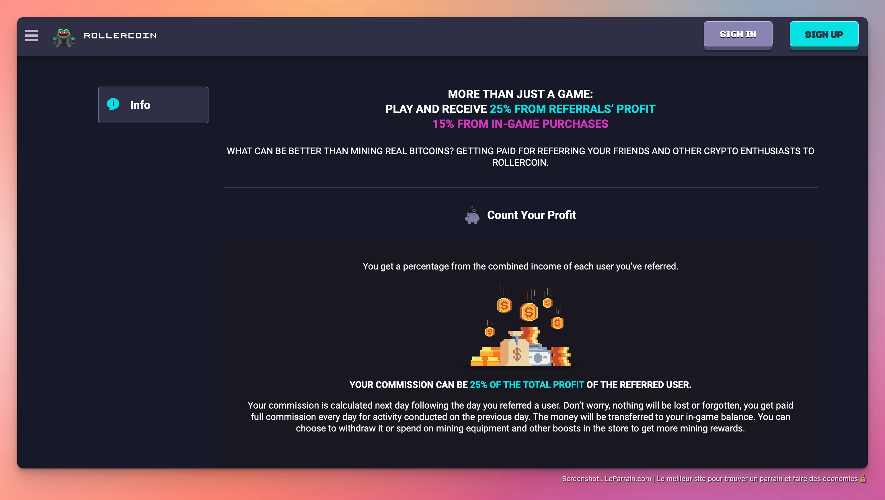 Capture d'écran 3 du programme de parrainage RollerCoin