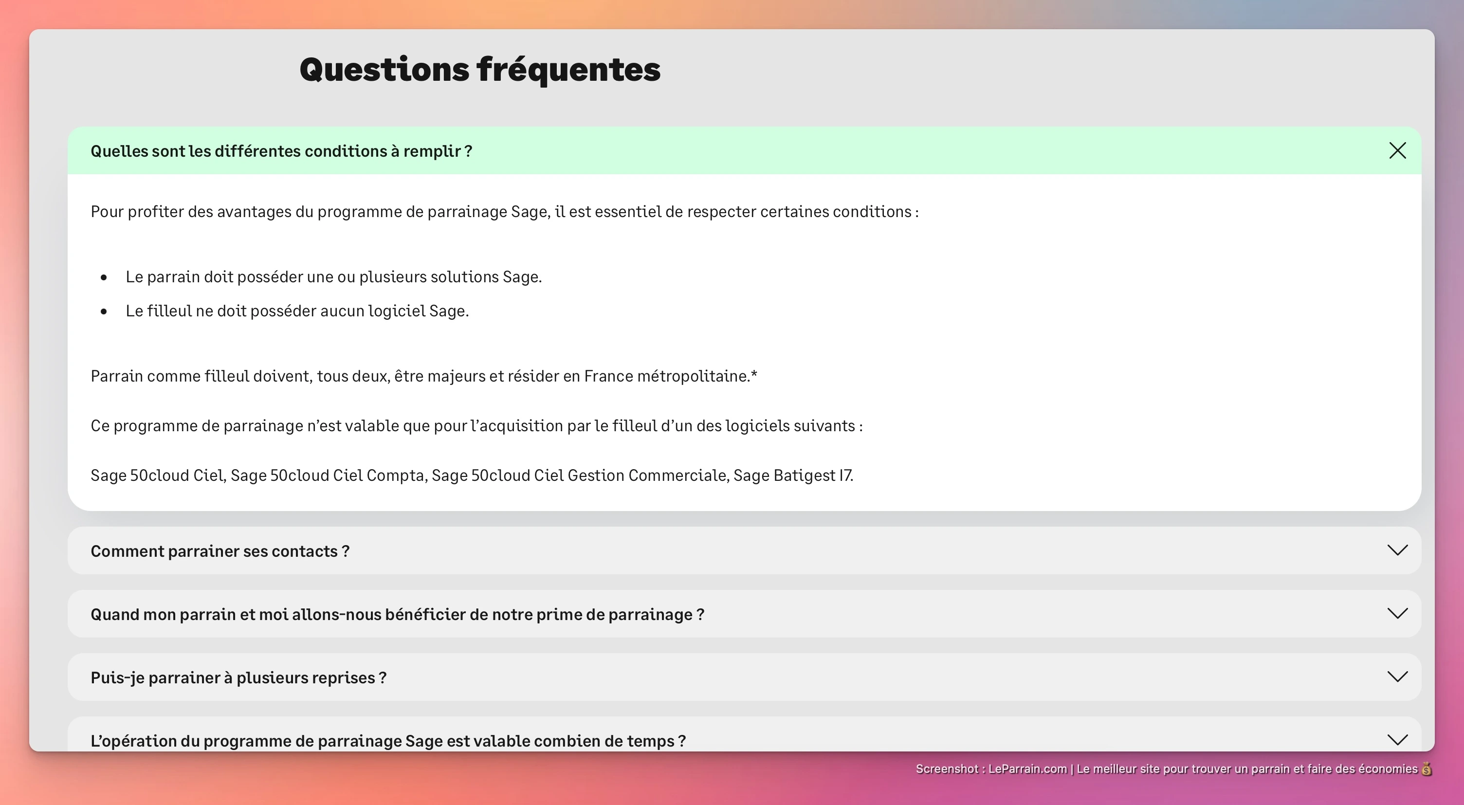 Capture d'écran 4 du programme de parrainage Sage