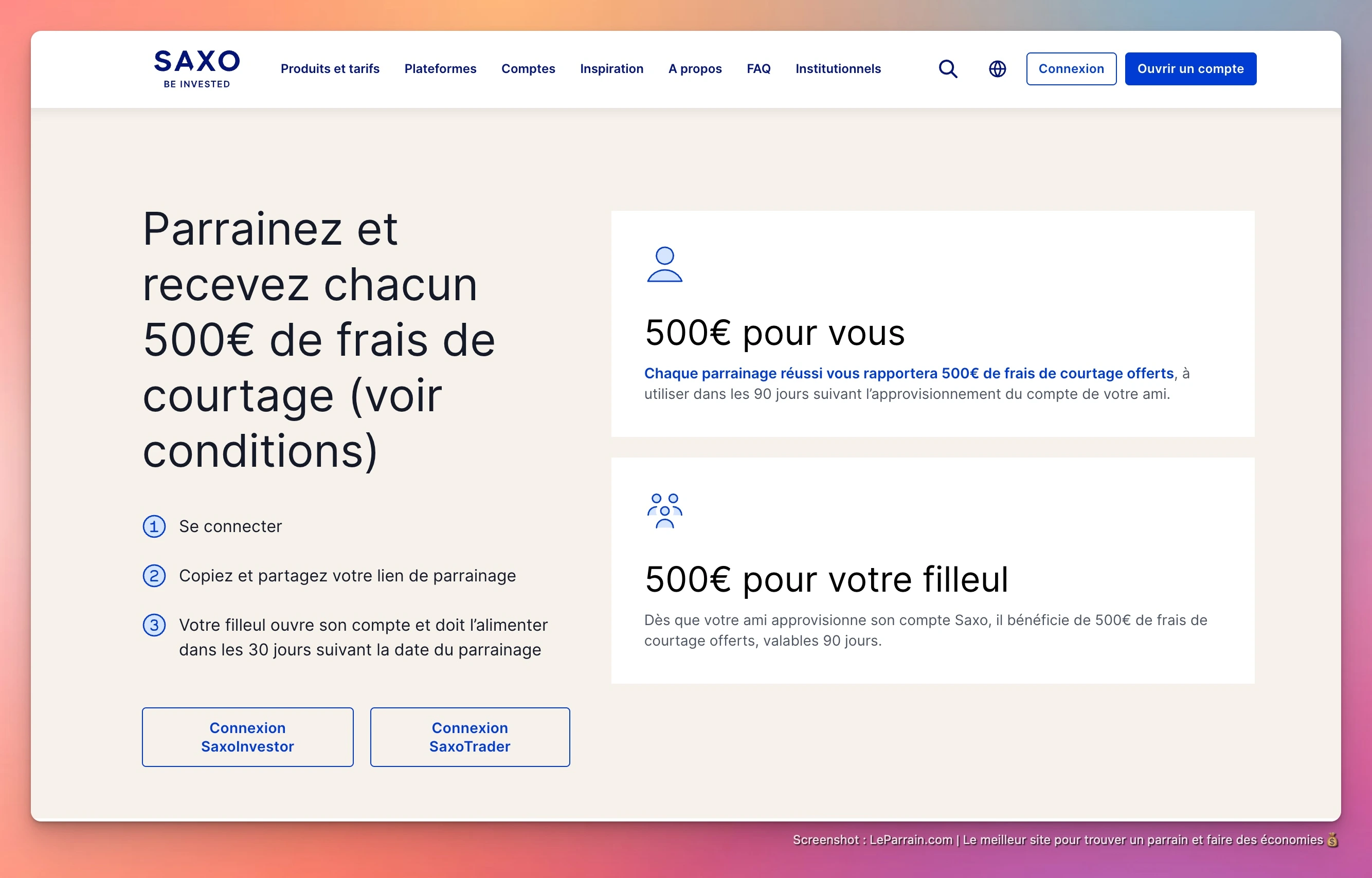 Capture d'écran 1 du programme de parrainage Saxo