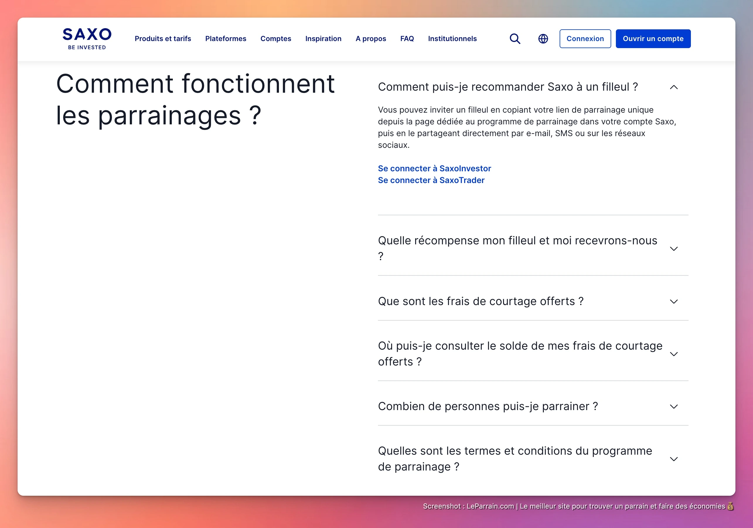 Capture d'écran 2 du programme de parrainage Saxo
