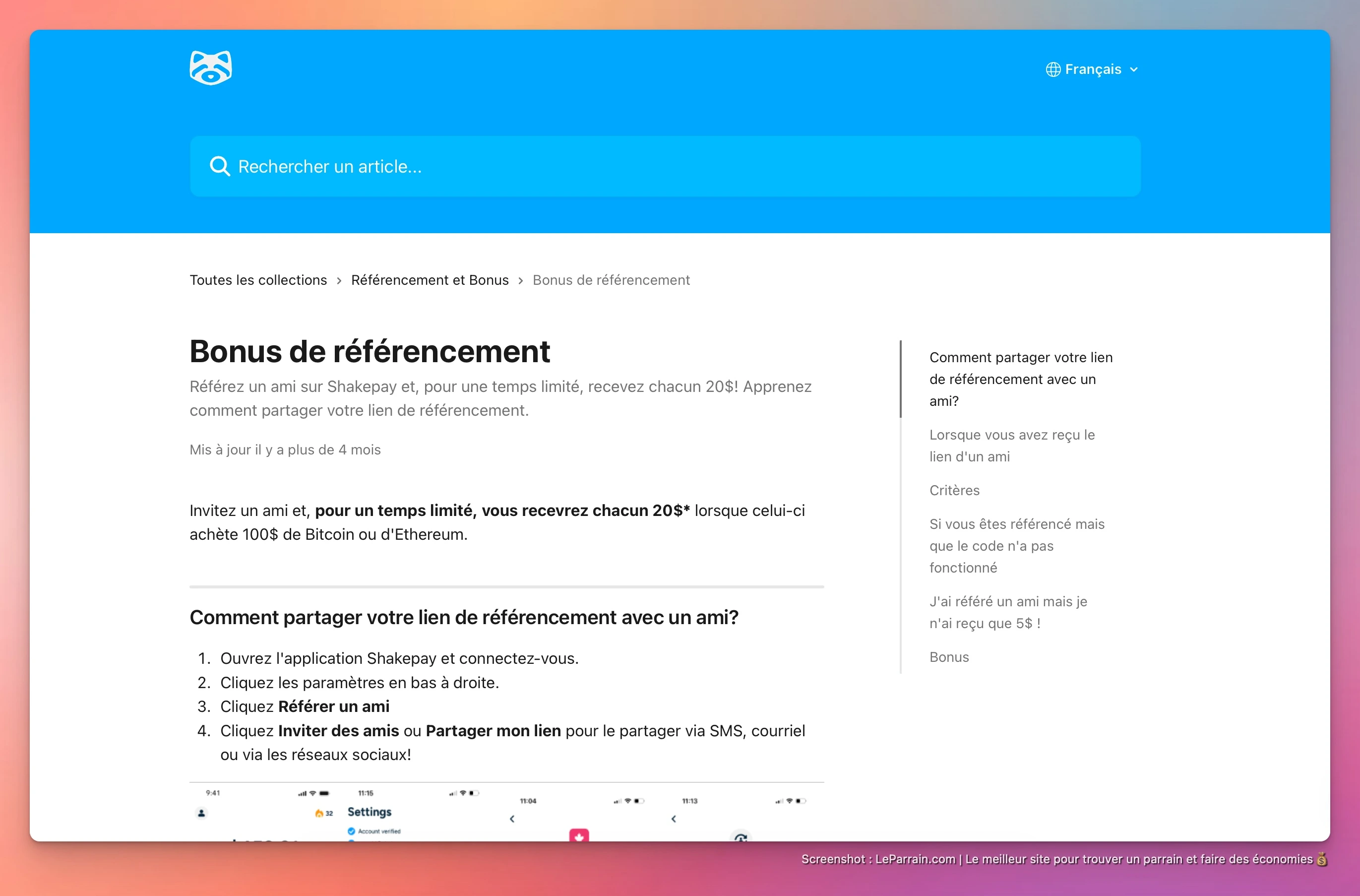 Capture d'écran 1 du programme de parrainage Shakepay