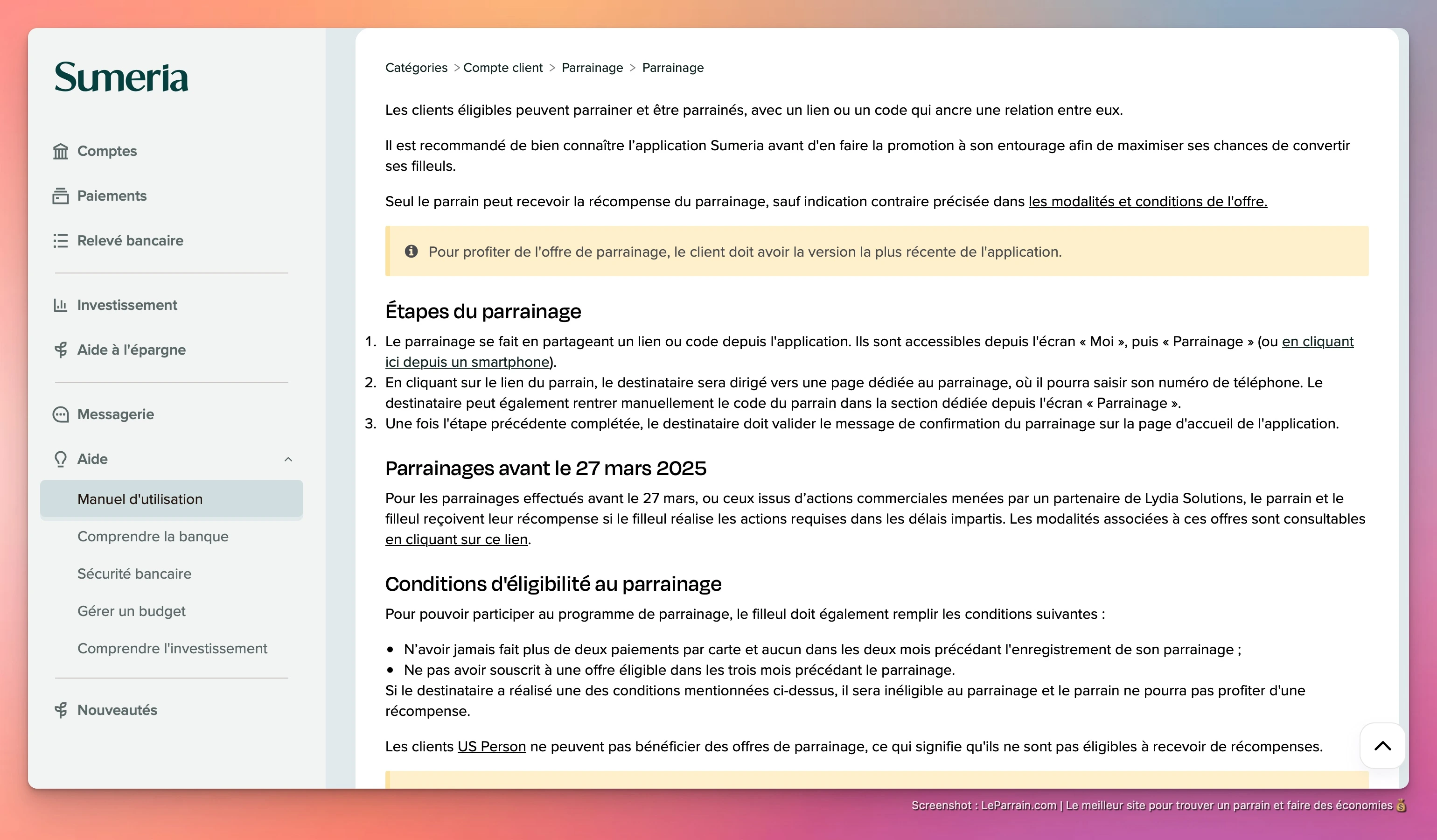Capture d'écran 2 du programme de parrainage Sumeria