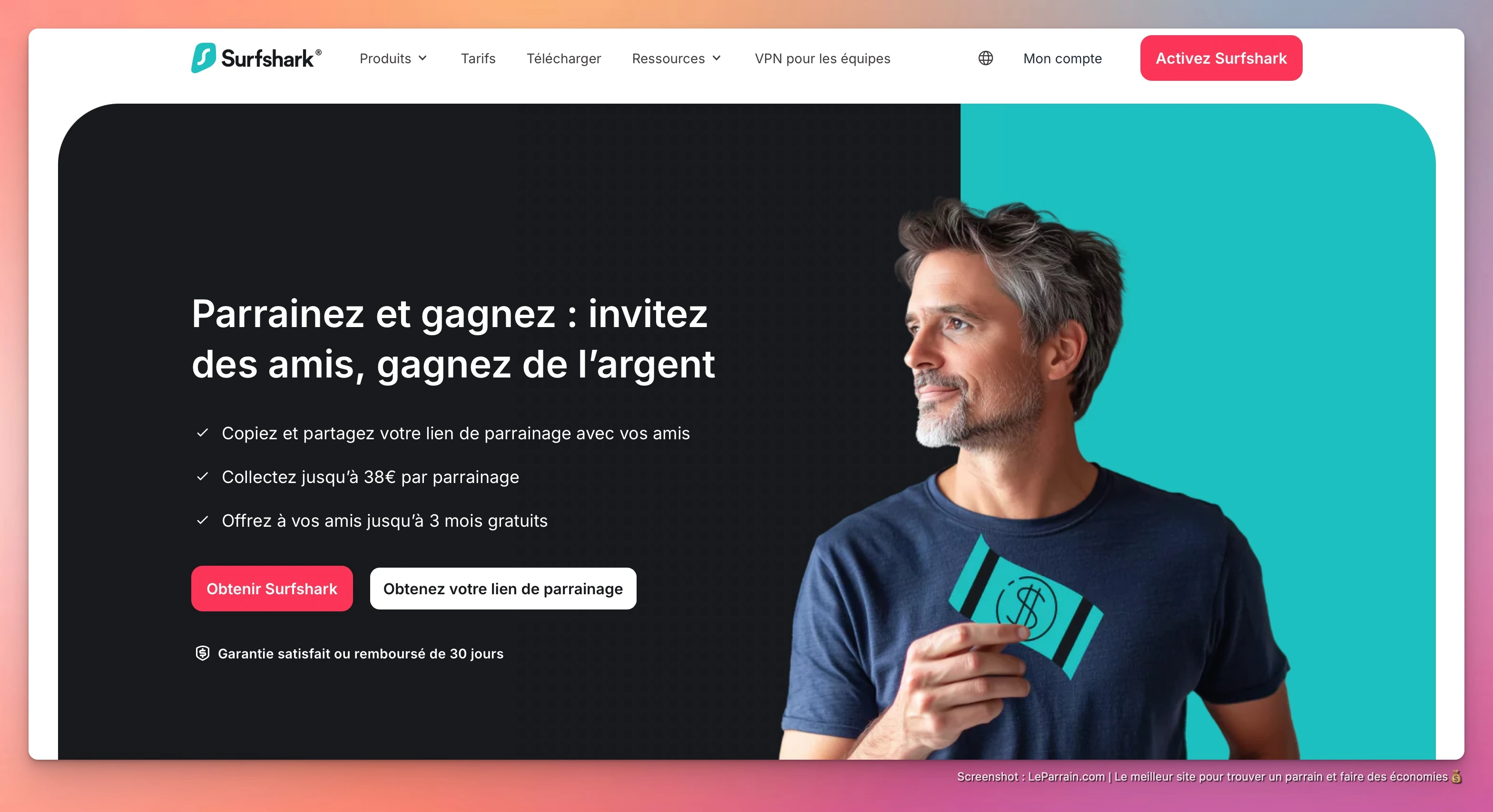 Capture d'écran 1 du programme de parrainage Surfshark
