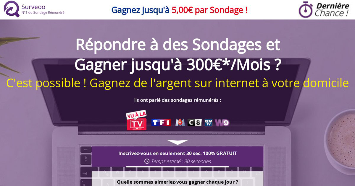 Capture d'écran de Surveoo.com | Sondages rémunérés sur internet. Gagnez de l'argent en réponda