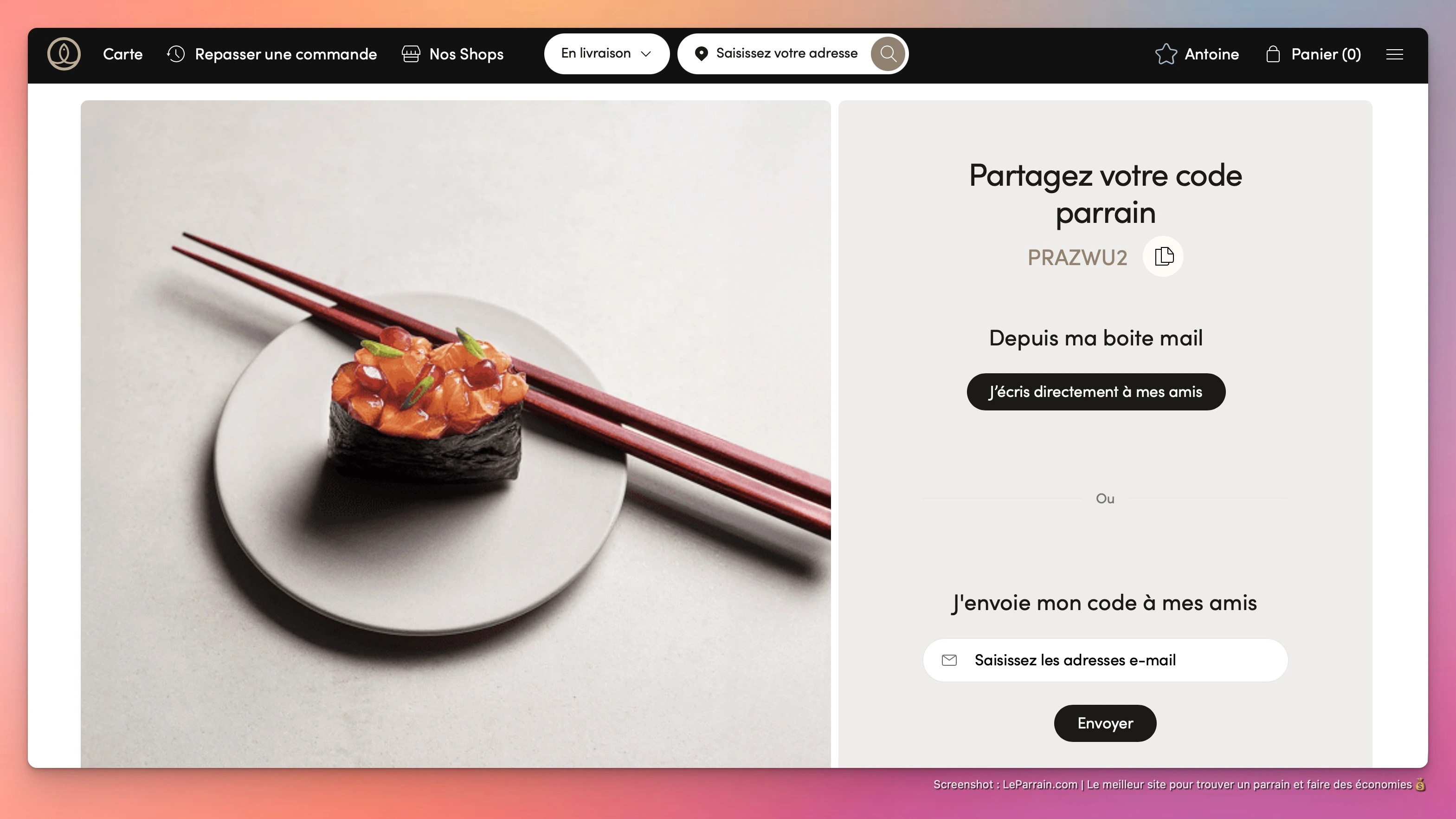 Capture d'écran 1 du programme de parrainage Sushi Shop