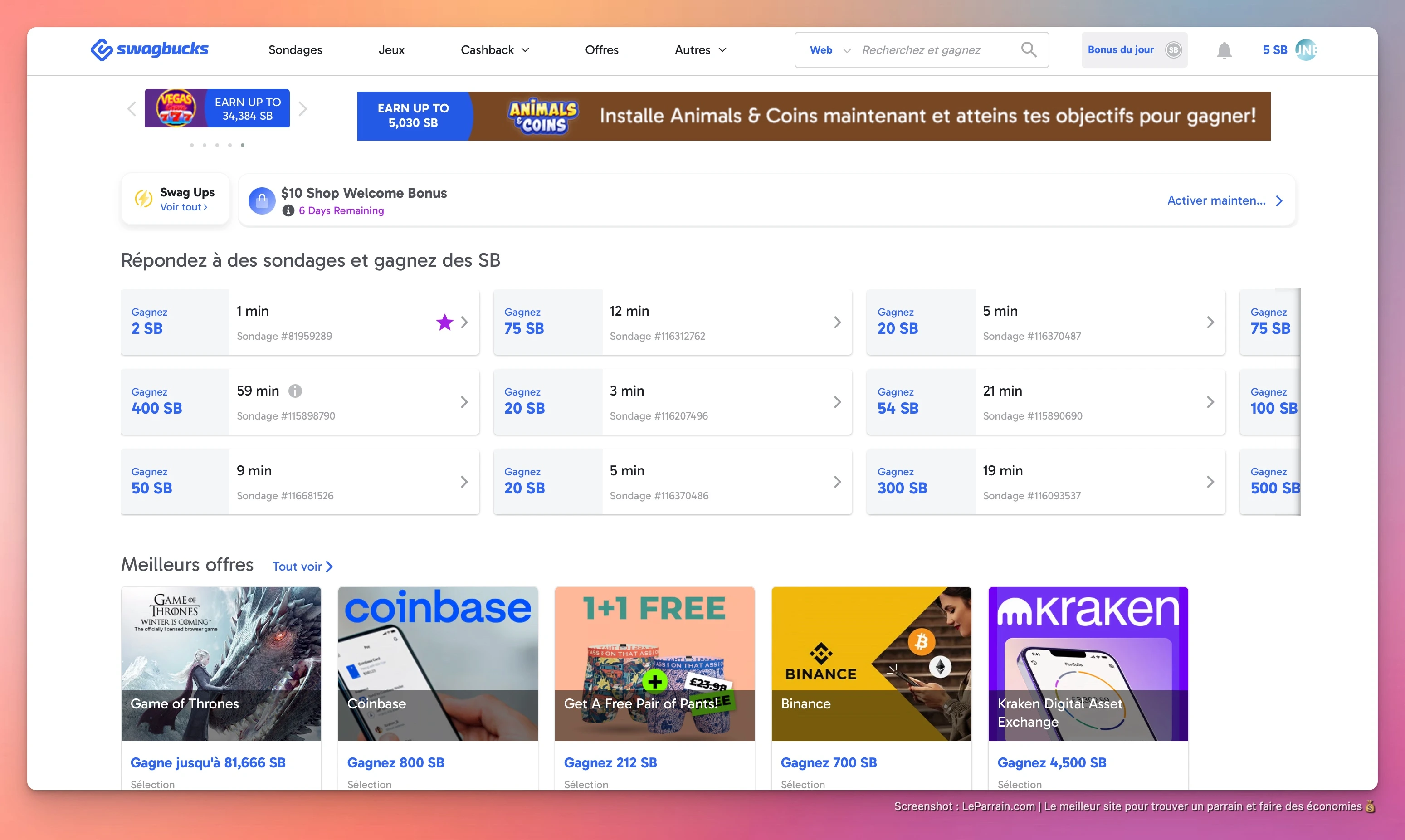 Capture d'écran 1 du programme de parrainage Swagbucks