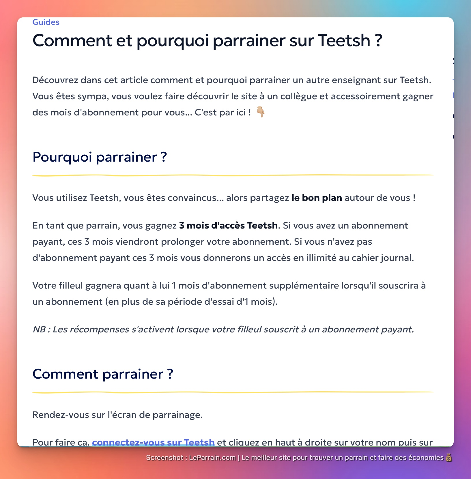 Capture d'écran 1 du programme de parrainage Teetsh