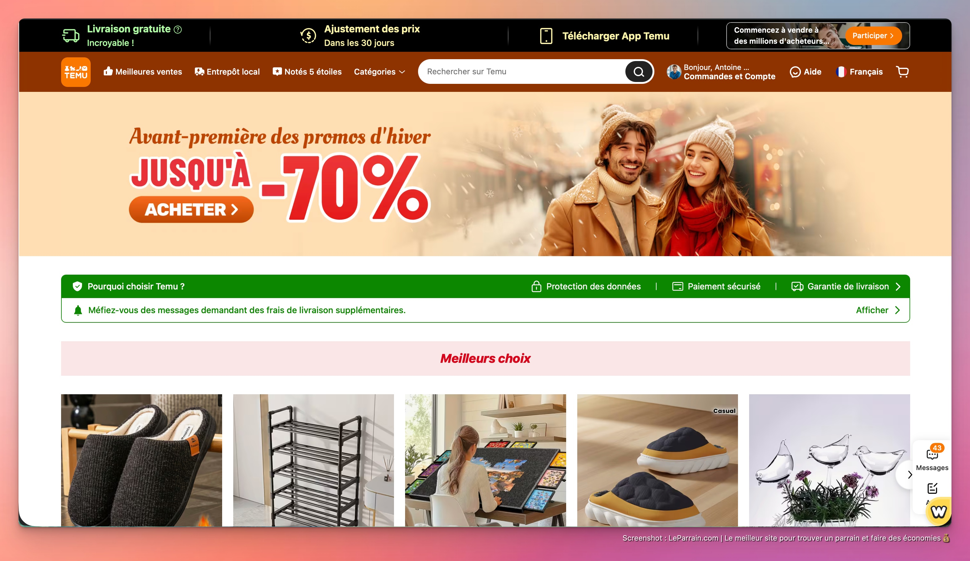 Capture d'écran 1 du programme de parrainage Temu