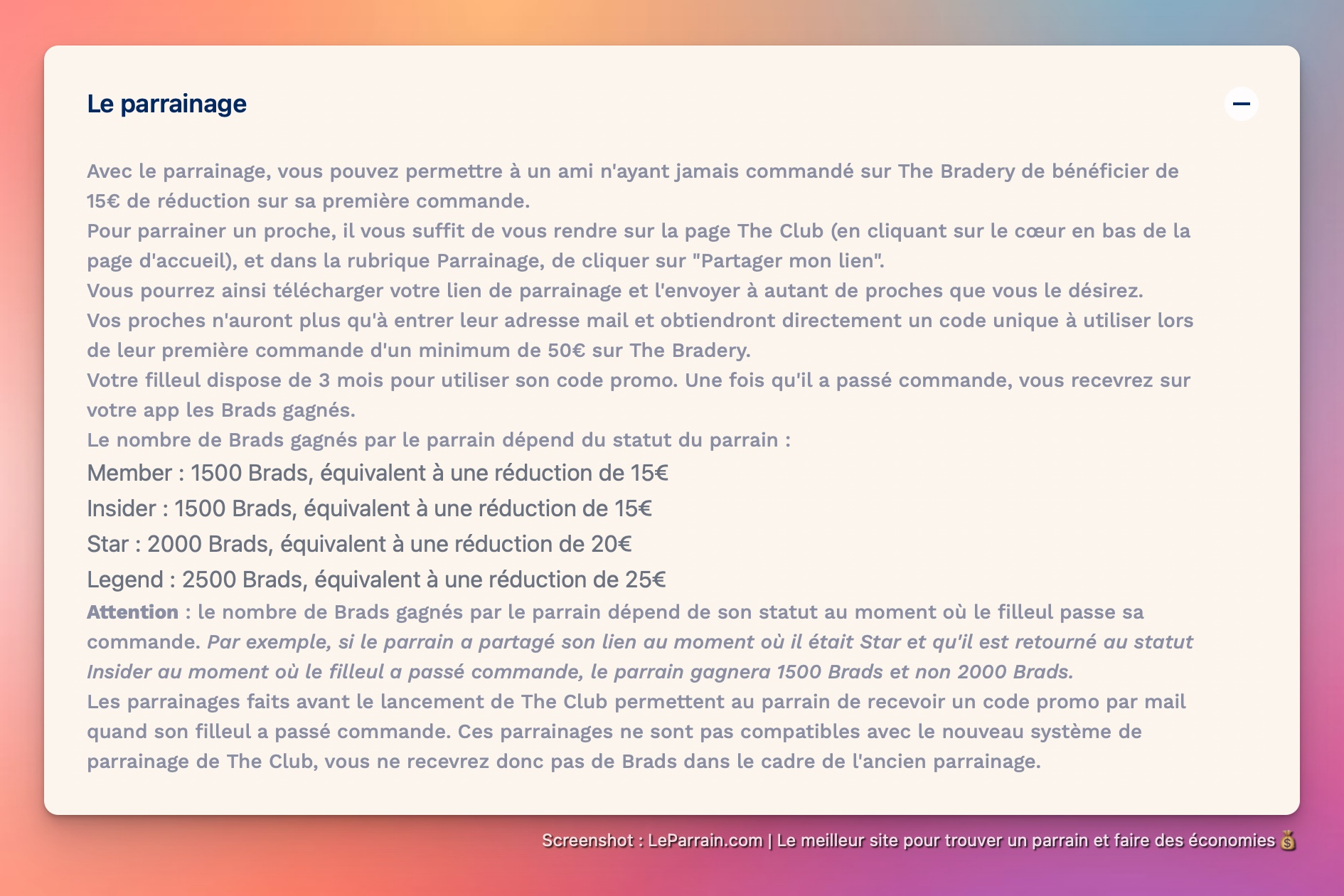 Capture d'écran 1 du programme de parrainage The Bradery