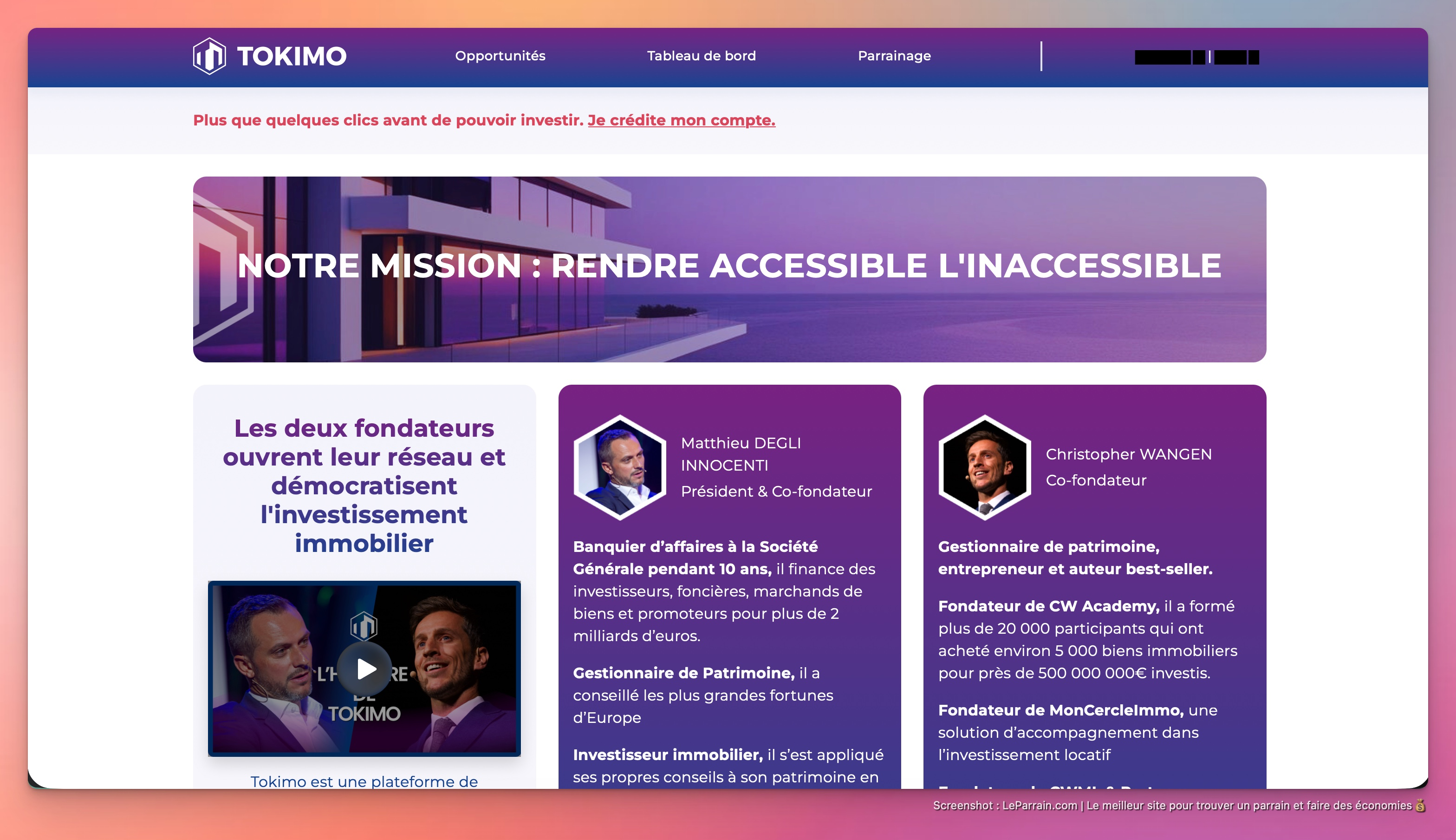 Capture d'écran 1 du programme de parrainage Tokimo