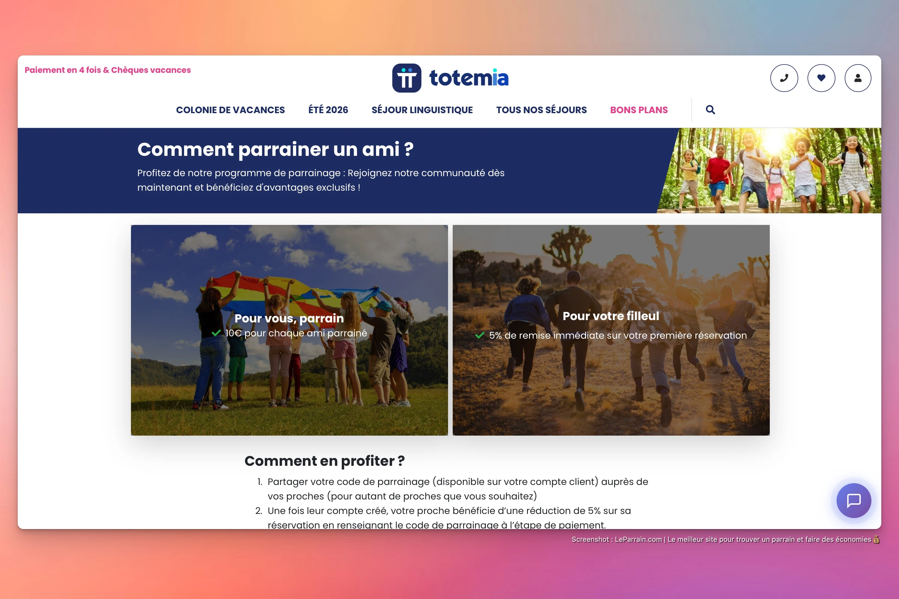Capture d'écran 1 du programme de parrainage Totemia