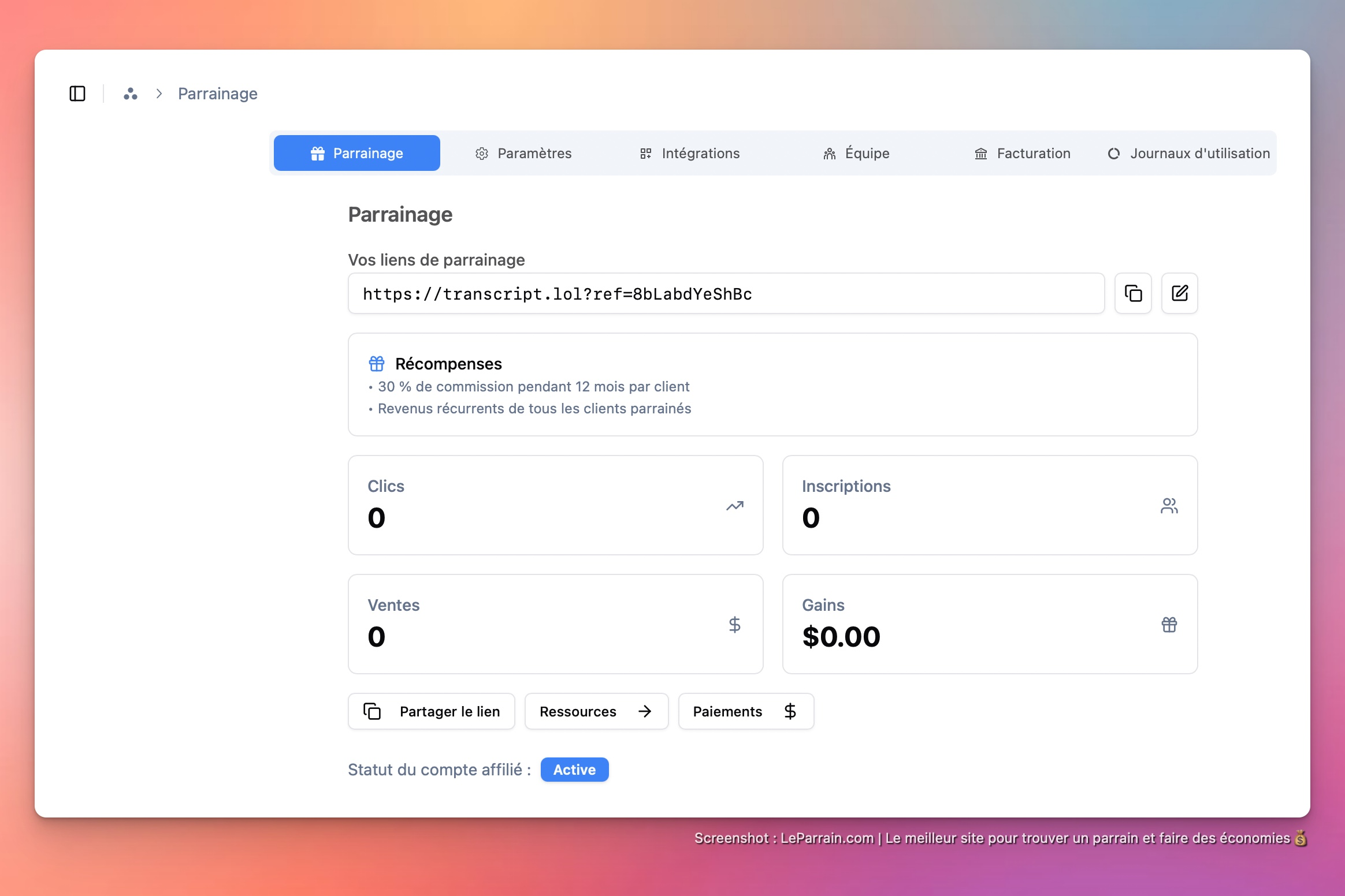 Capture d'écran 3 du programme de parrainage Transcript.lol