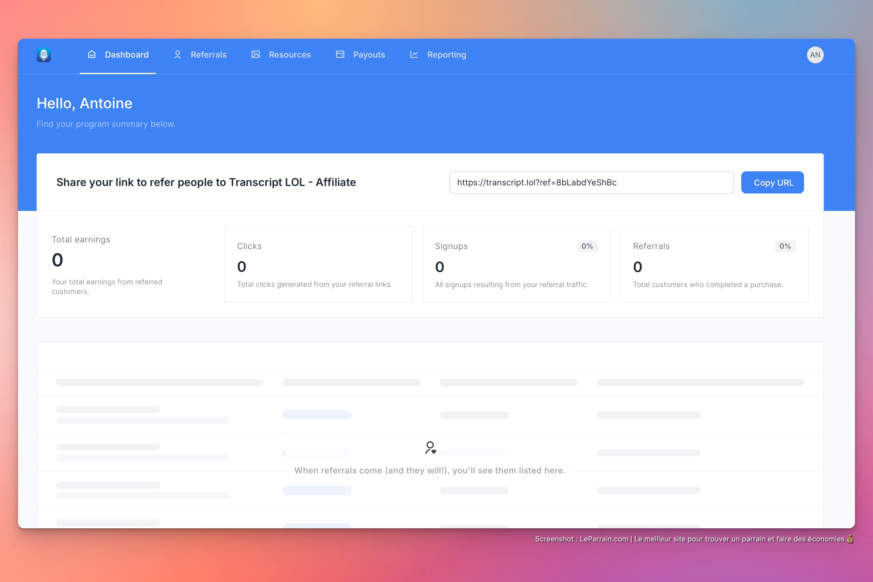 Capture d'écran 4 du programme de parrainage Transcript.lol