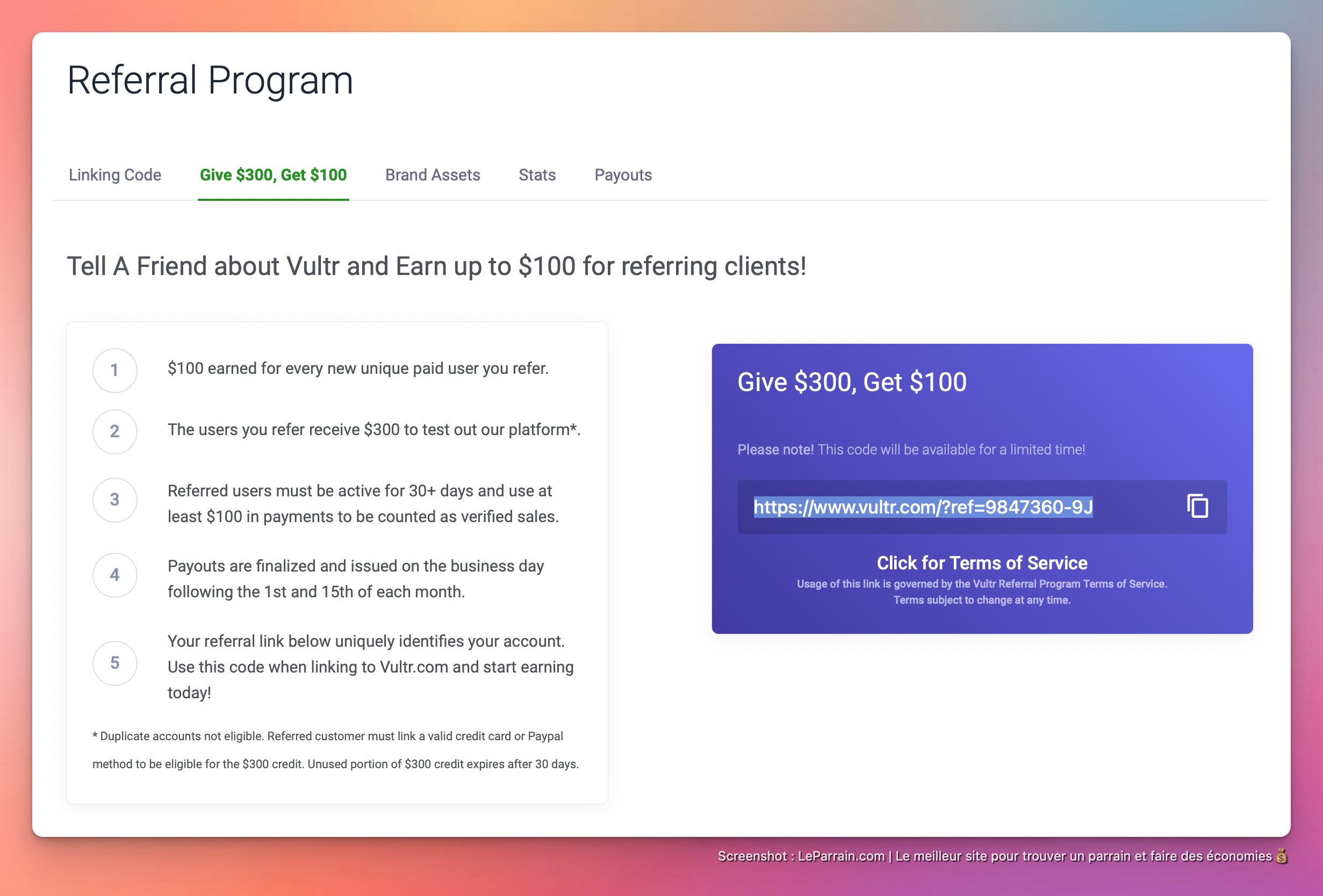 Capture d'écran 5 du programme de parrainage Vultr
