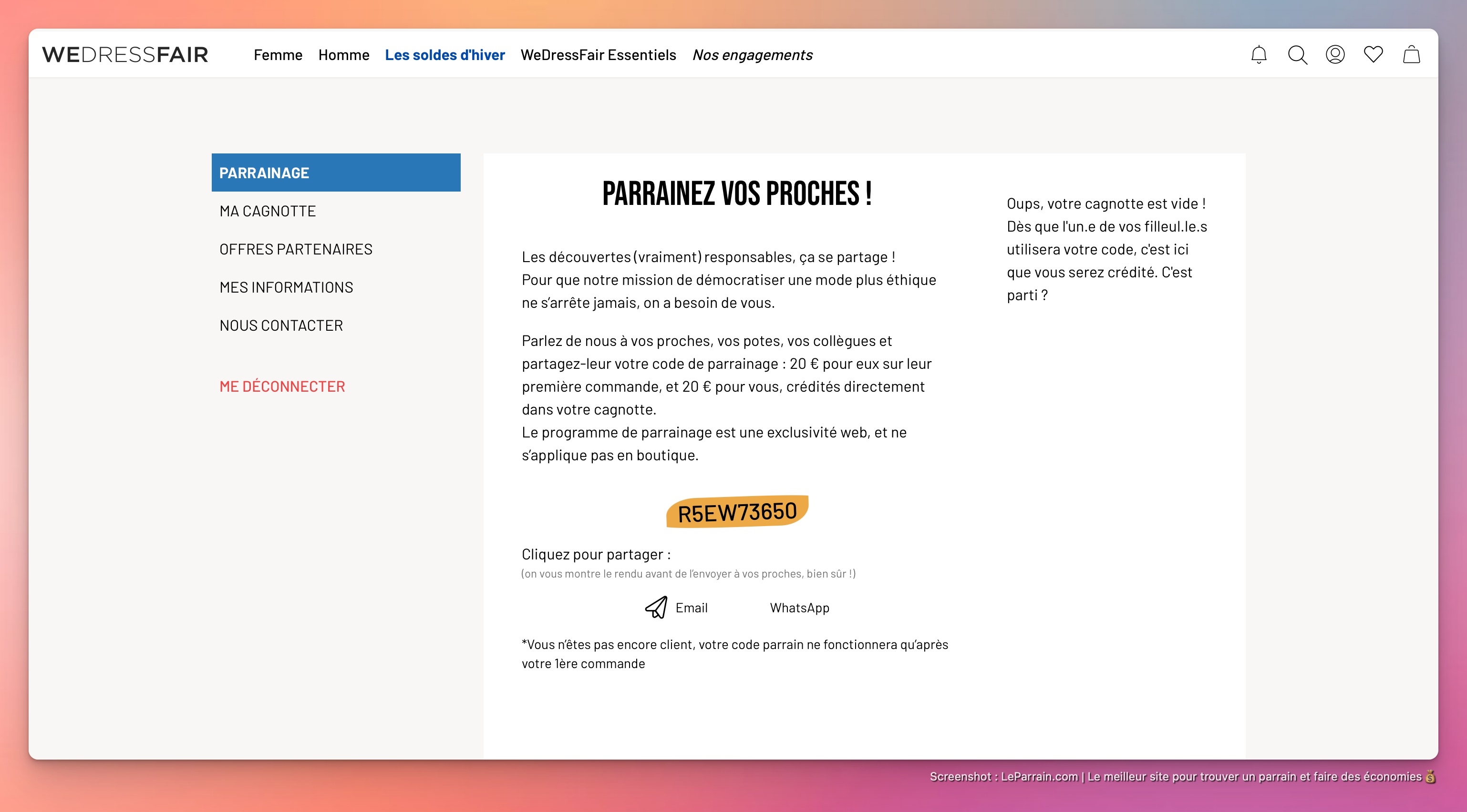 Capture d'écran 1 du programme de parrainage WeDressFair