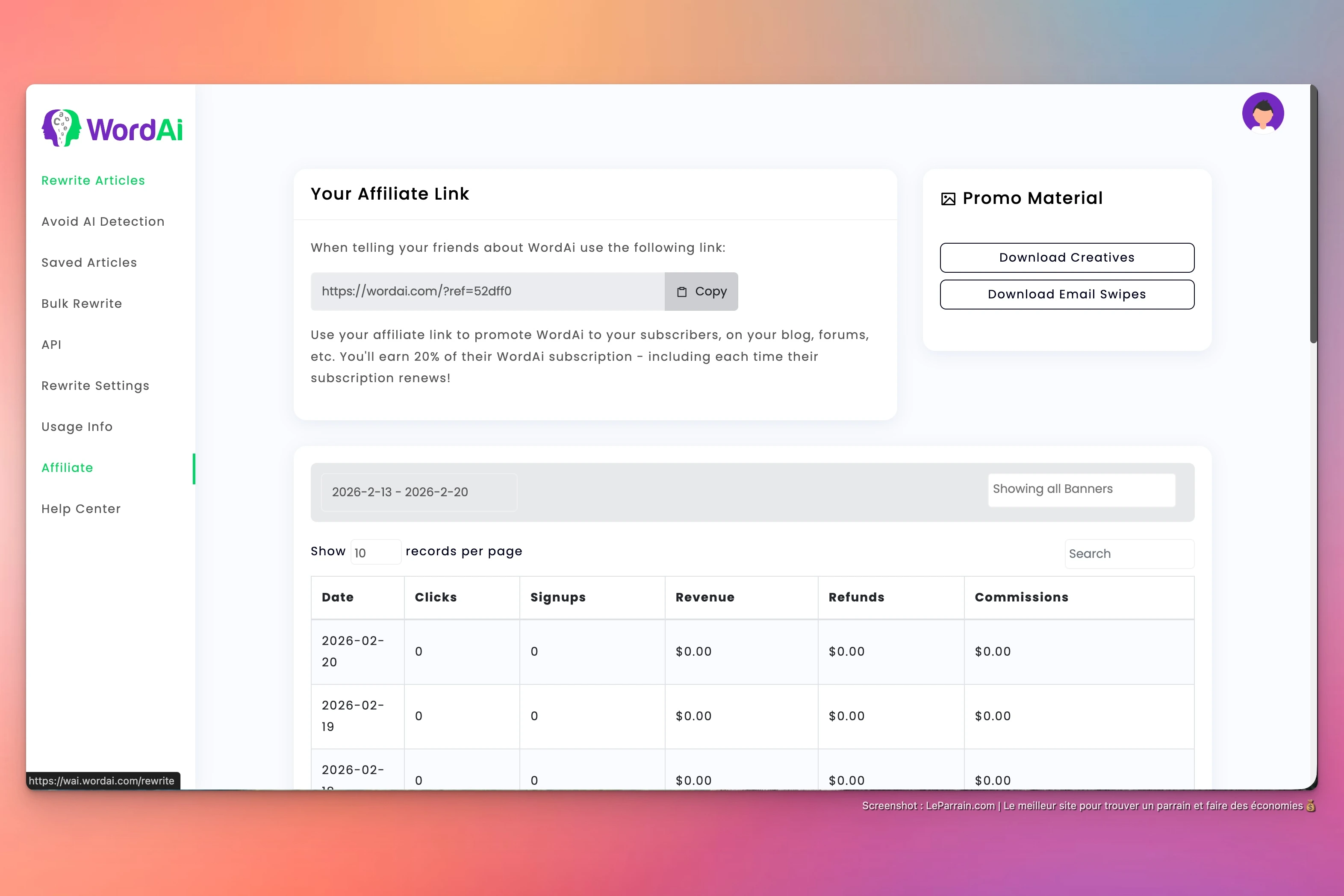 Capture d'écran 1 du programme de parrainage WordAI